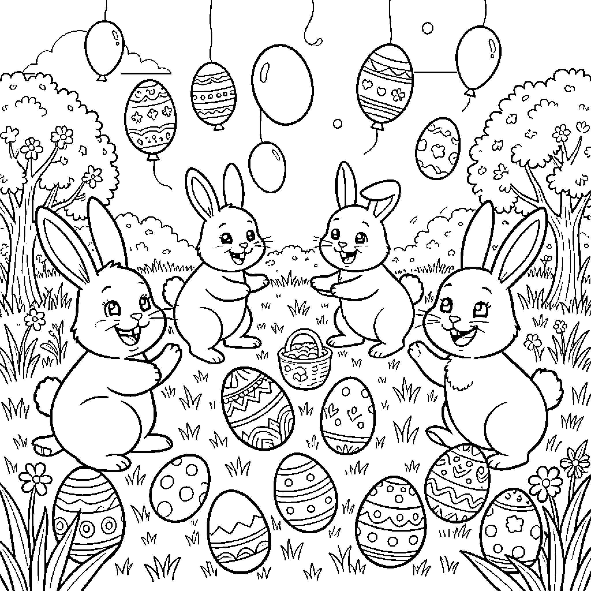 Easter Bunnies Celebrating with Decorated Eggs Coloring Page (free black-and-white line drawing printable PDF for all, from beginners to advanced learners, including children, teens, adults, and seniors)