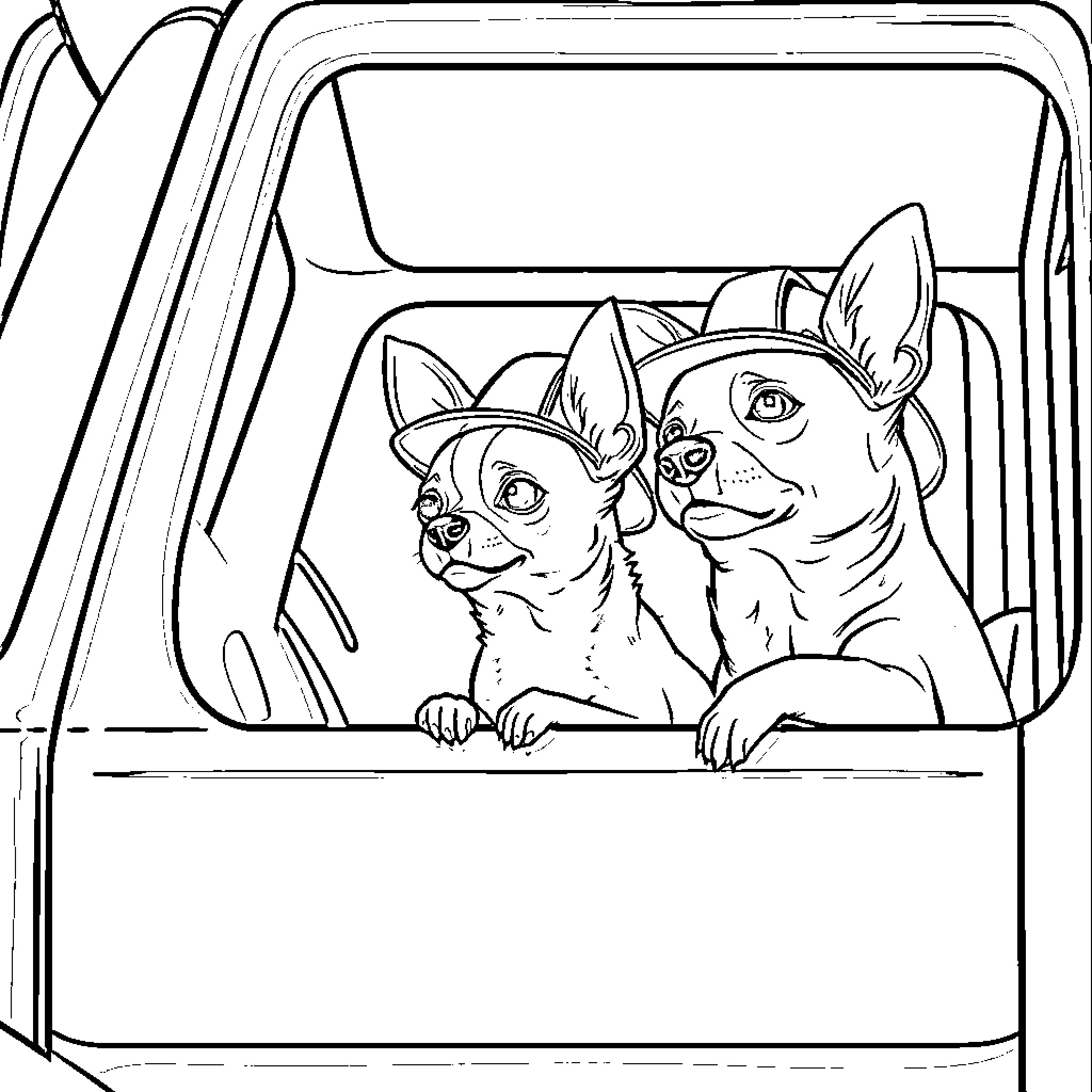 Chihuahuas Enjoying a Car Ride Coloring Page (free black-and-white line drawing printable PDF for all, from beginners to advanced learners, including children, teens, adults, and seniors)