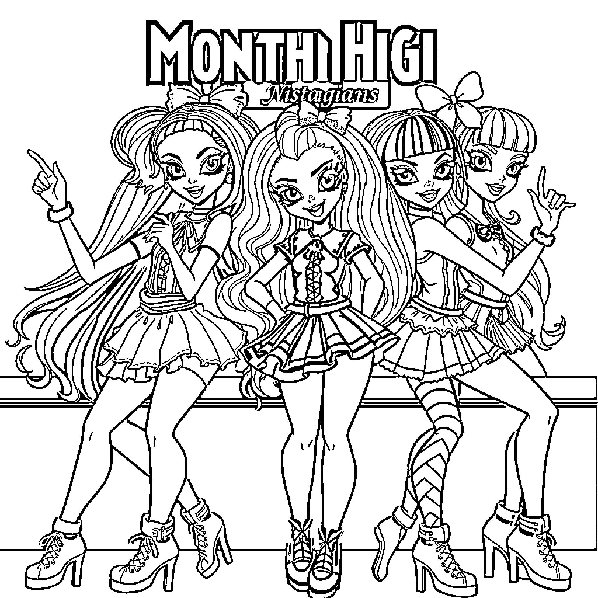 Monster High characters posing in stylish outfits Coloring Page (free black-and-white line drawing printable PDF for all, from beginners to advanced learners, including children, teens, adults, and seniors)