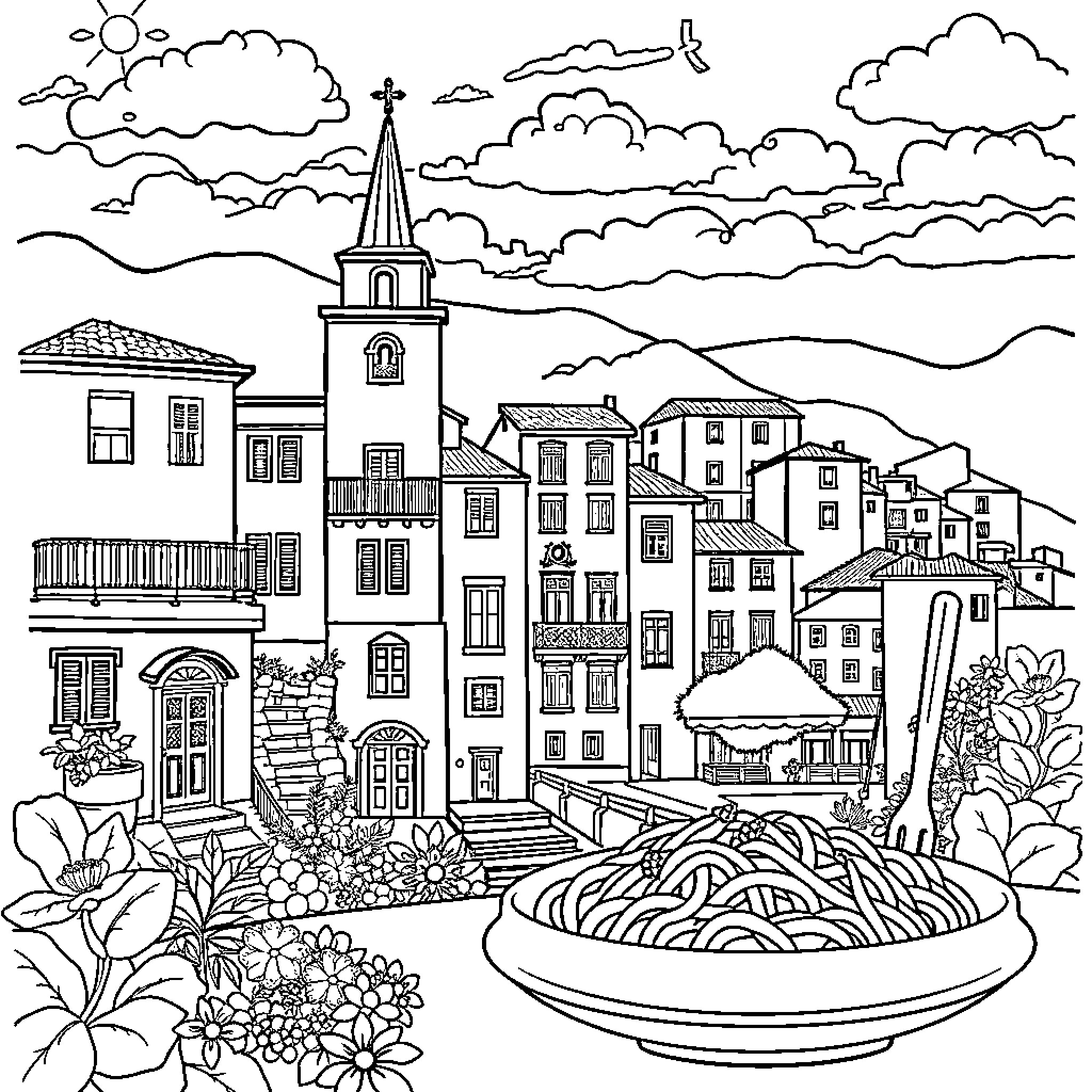 Italian scenic village with architectural details Coloring Page (free black-and-white line drawing printable PDF for all, from beginners to advanced learners, including children, teens, adults, and seniors)