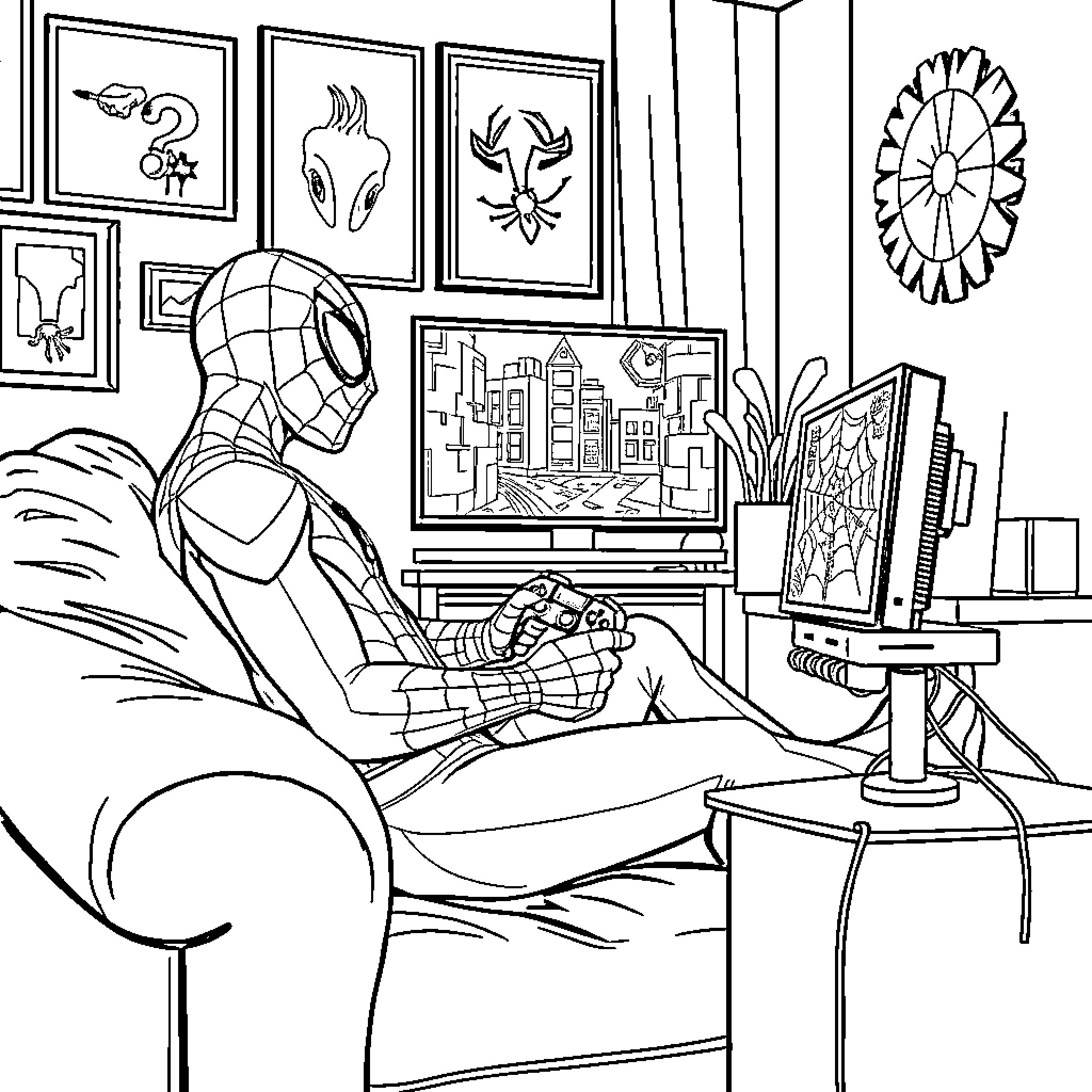 Spider-Man relaxing and playing video games at home Coloring Page (free black-and-white line drawing printable PDF for all, from beginners to advanced learners, including children, teens, adults, and seniors)