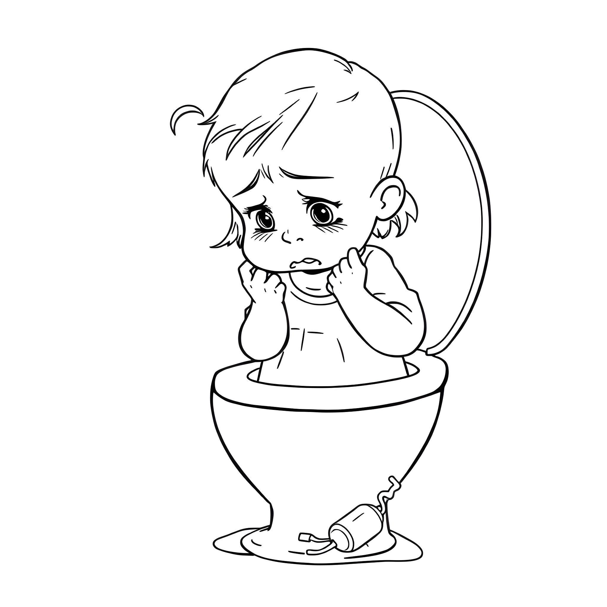 Girl sitting in toilet anxiously Coloring Page (free black-and-white line drawing printable PDF for all, from beginners to advanced learners, including children, teens, adults, and seniors)