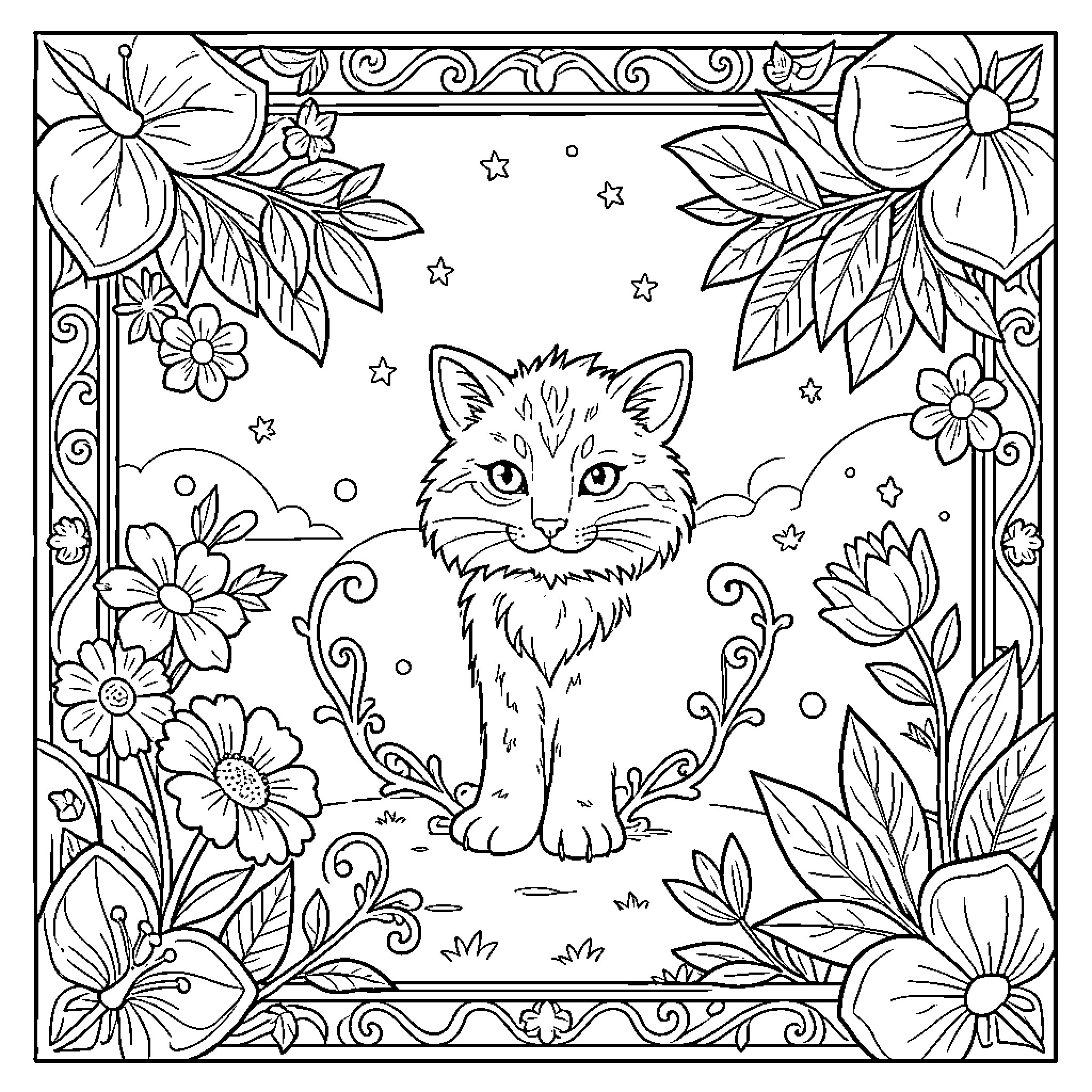 Intricate kitten sitting amidst a lush floral garden Coloring Page (free black-and-white line drawing printable PDF for all, from beginners to advanced learners, including children, teens, adults, and seniors)