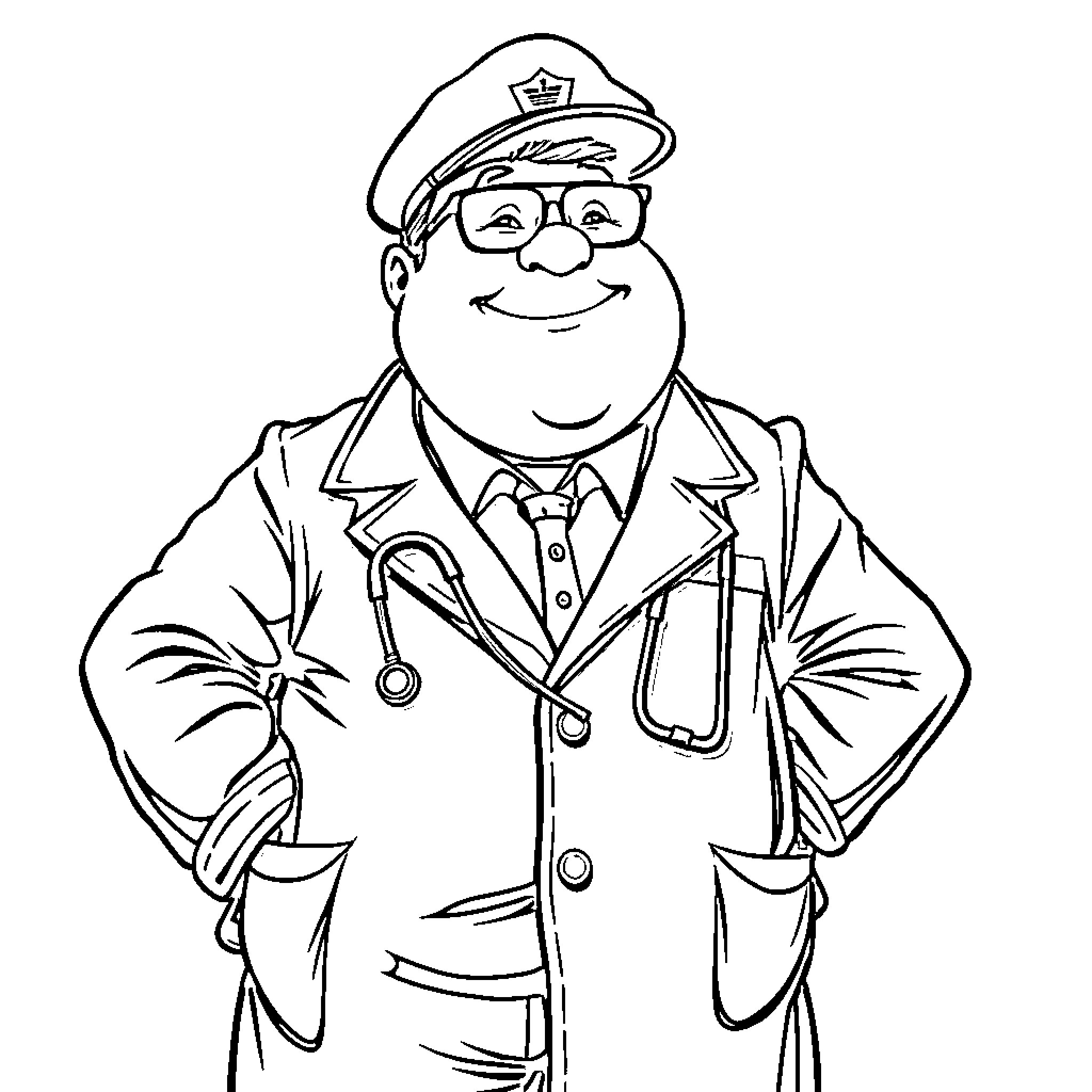 Postman in Uniform Smiling and Holding Clipboard Coloring Page (free black-and-white line drawing printable PDF for all, from beginners to advanced learners, including children, teens, adults, and seniors)