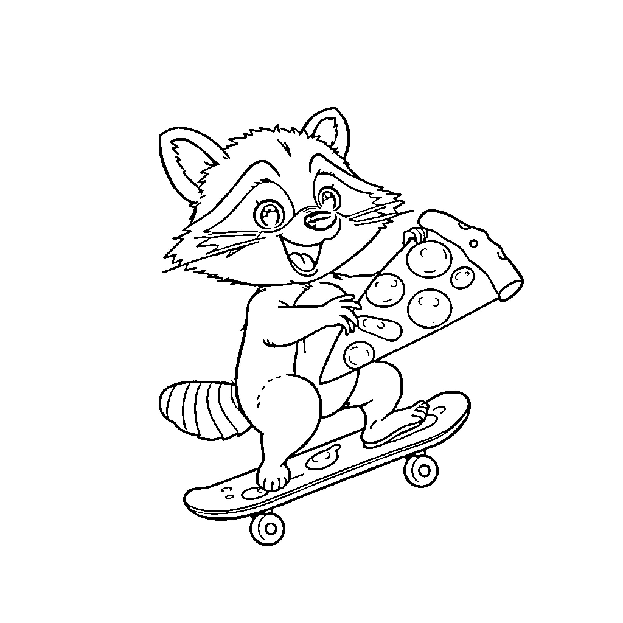 Raccoon skateboarding with pizza slice Coloring Page (free black-and-white line drawing printable PDF for all, from beginners to advanced learners, including children, teens, adults, and seniors)