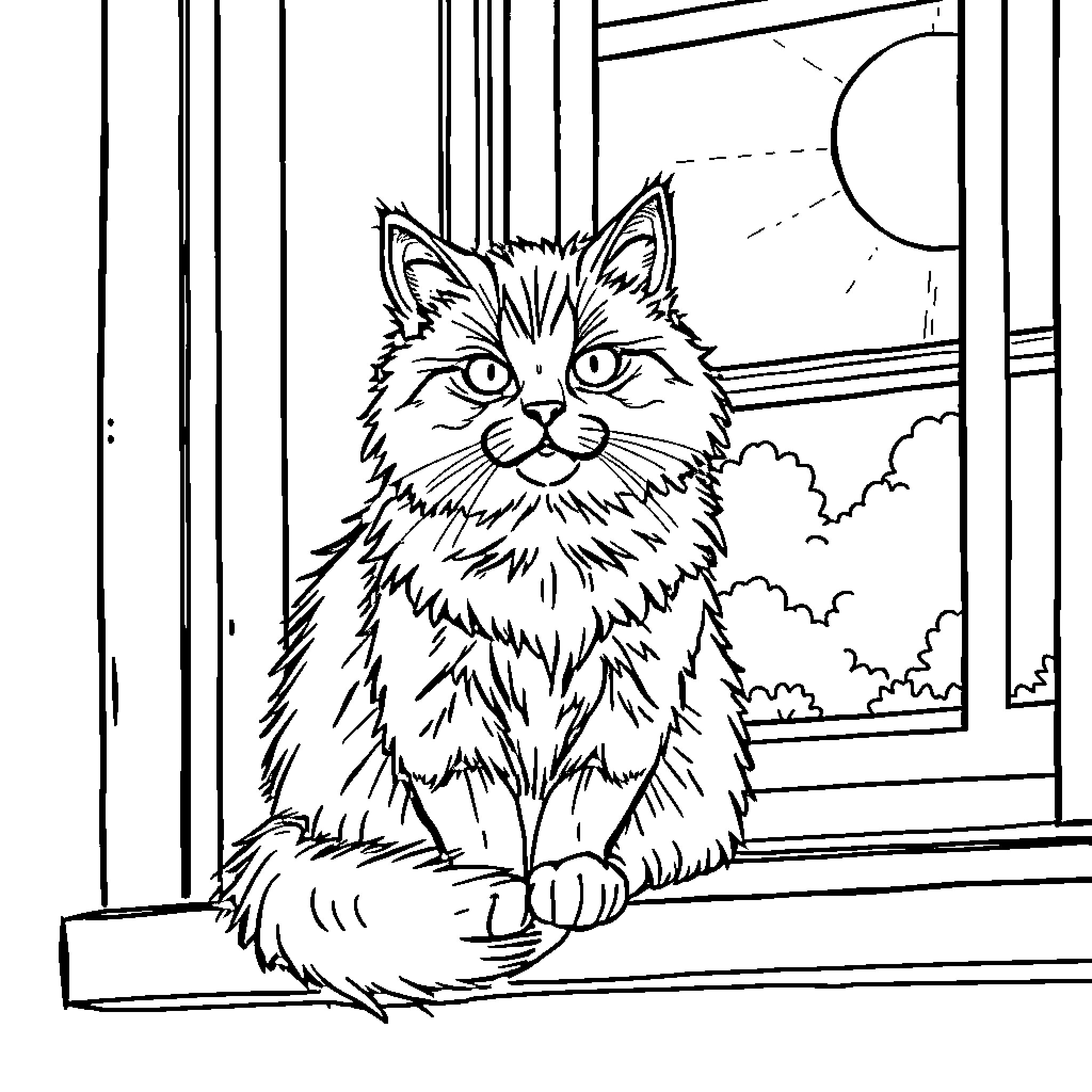 Cat looking out of the window Coloring Page (free black-and-white line drawing printable PDF for all, from beginners to advanced learners, including children, teens, adults, and seniors)