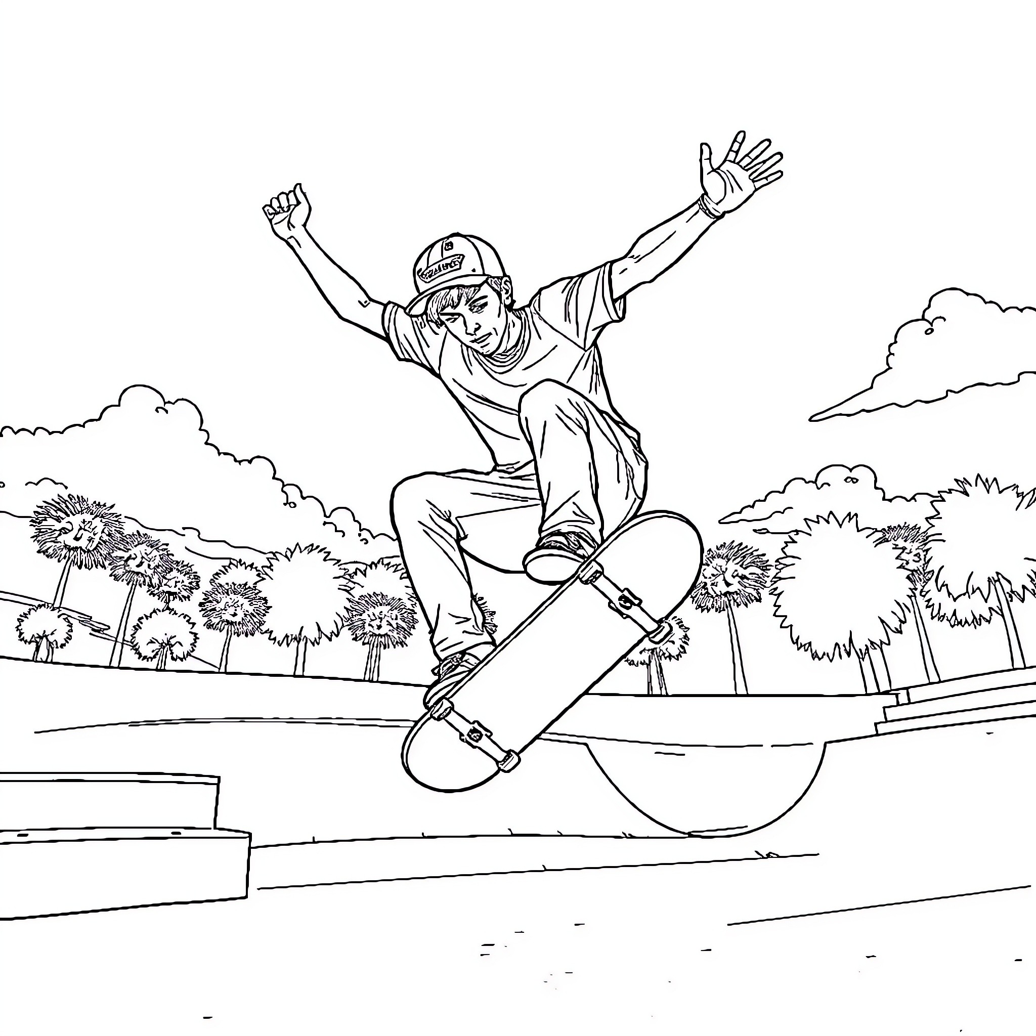 Ryan Sheckler performing a skateboarding trick in an outdoor setting Coloring Page (free black-and-white line drawing printable PDF for all, from beginners to advanced learners, including children, teens, adults, and seniors)