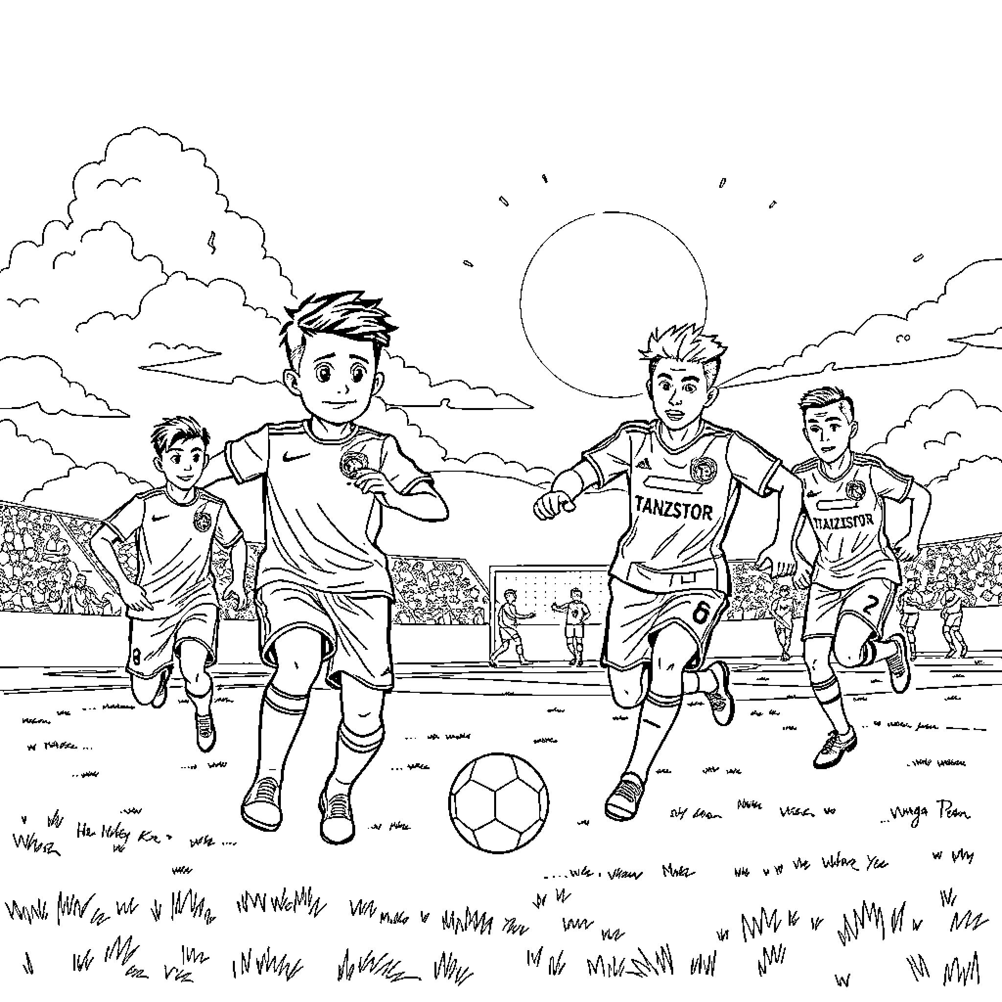 Songoku's Soccer Match on the Field Coloring Page (free black-and-white line drawing printable PDF for all, from beginners to advanced learners, including children, teens, adults, and seniors)