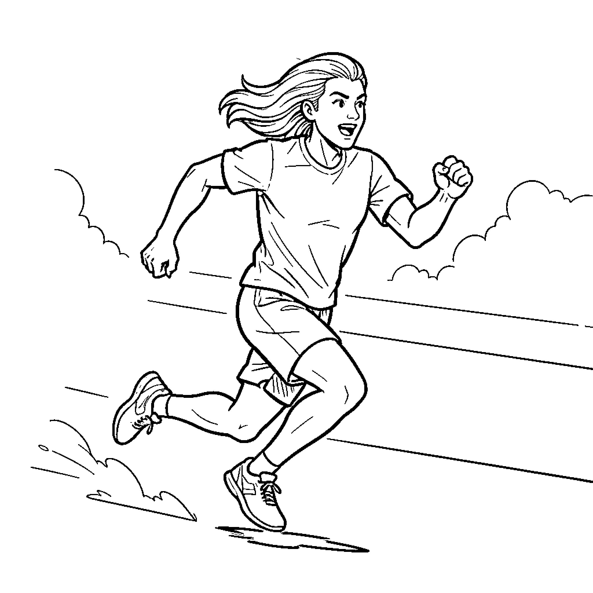 Rapunzel running energetically in athletic clothing Coloring Page (free black-and-white line drawing printable PDF for all, from beginners to advanced learners, including children, teens, adults, and seniors)
