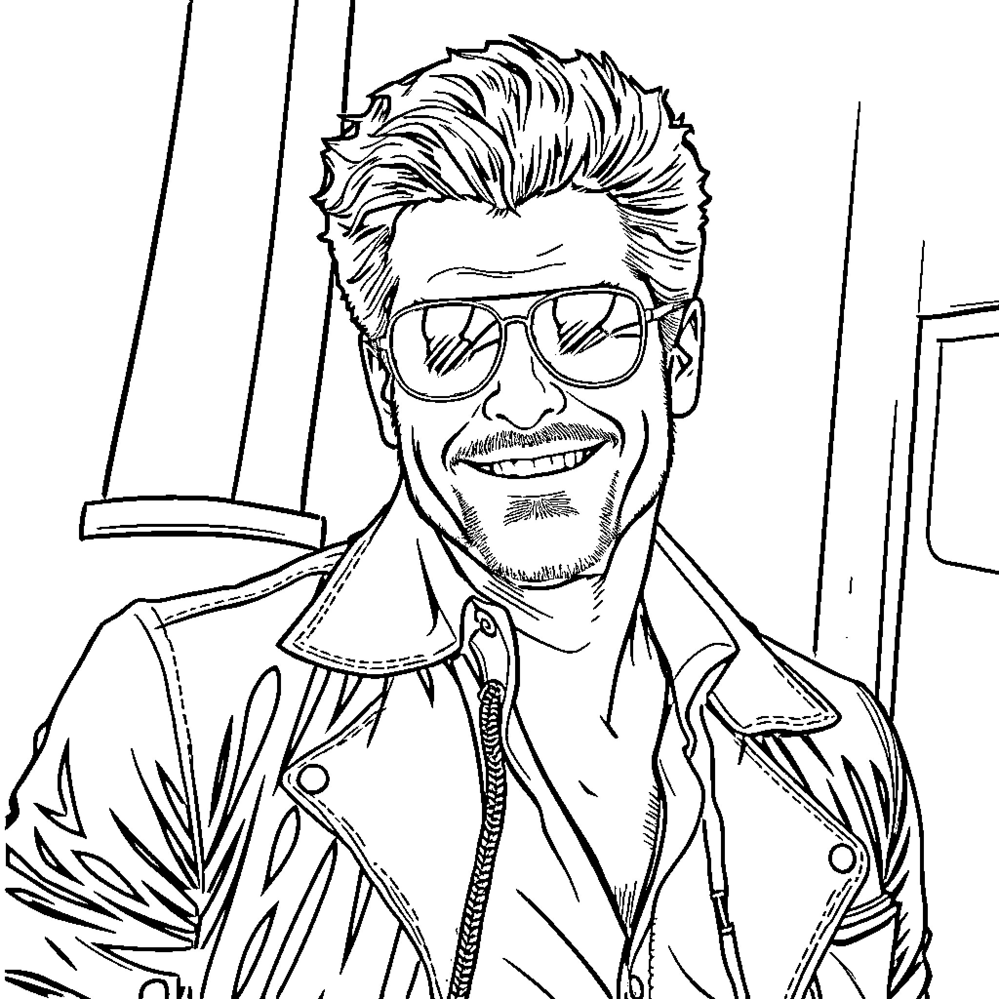 David Hasselhoff in a stylish leather jacket and sunglasses Coloring Page (free black-and-white line drawing printable PDF for all, from beginners to advanced learners, including children, teens, adults, and seniors)
