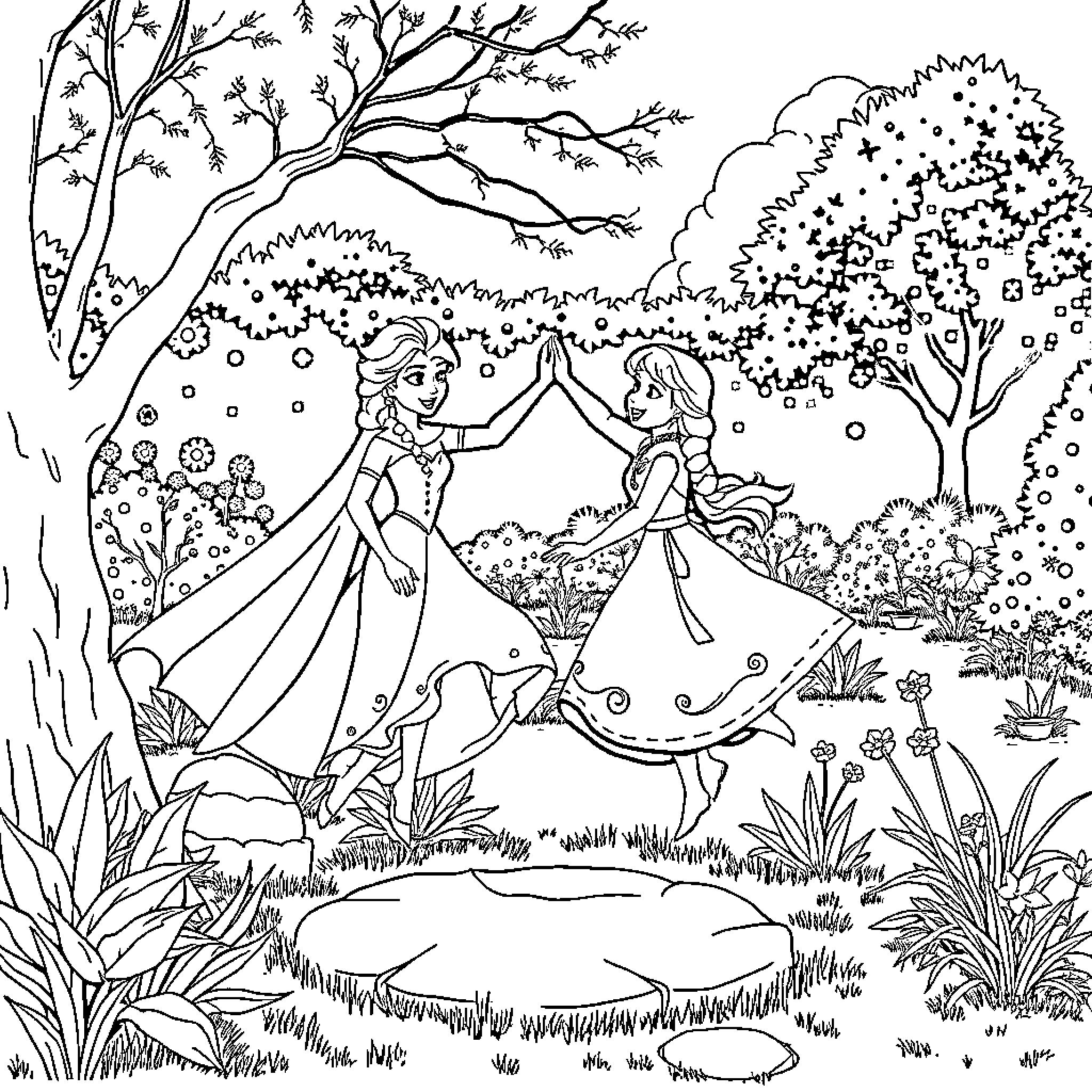 Elsa and Anna dancing in a magical woodland Coloring Page (free black-and-white line drawing printable PDF for all, from beginners to advanced learners, including children, teens, adults, and seniors)