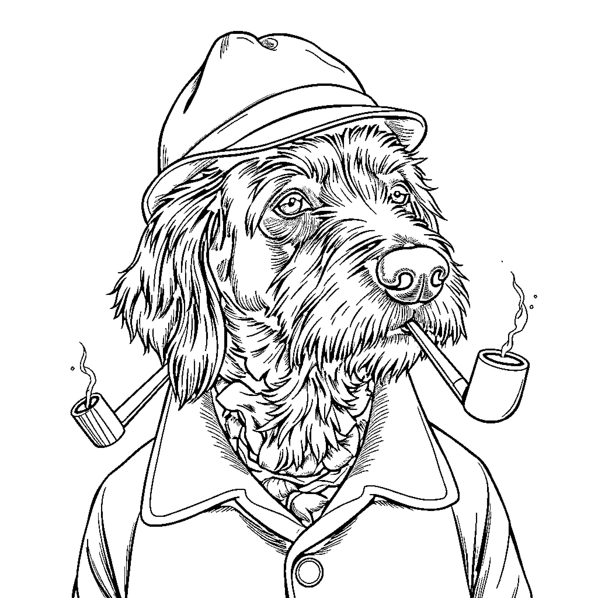 Setter in Formal Attire Smoking Pipe Coloring Page (free black-and-white line drawing printable PDF for all, from beginners to advanced learners, including children, teens, adults, and seniors)
