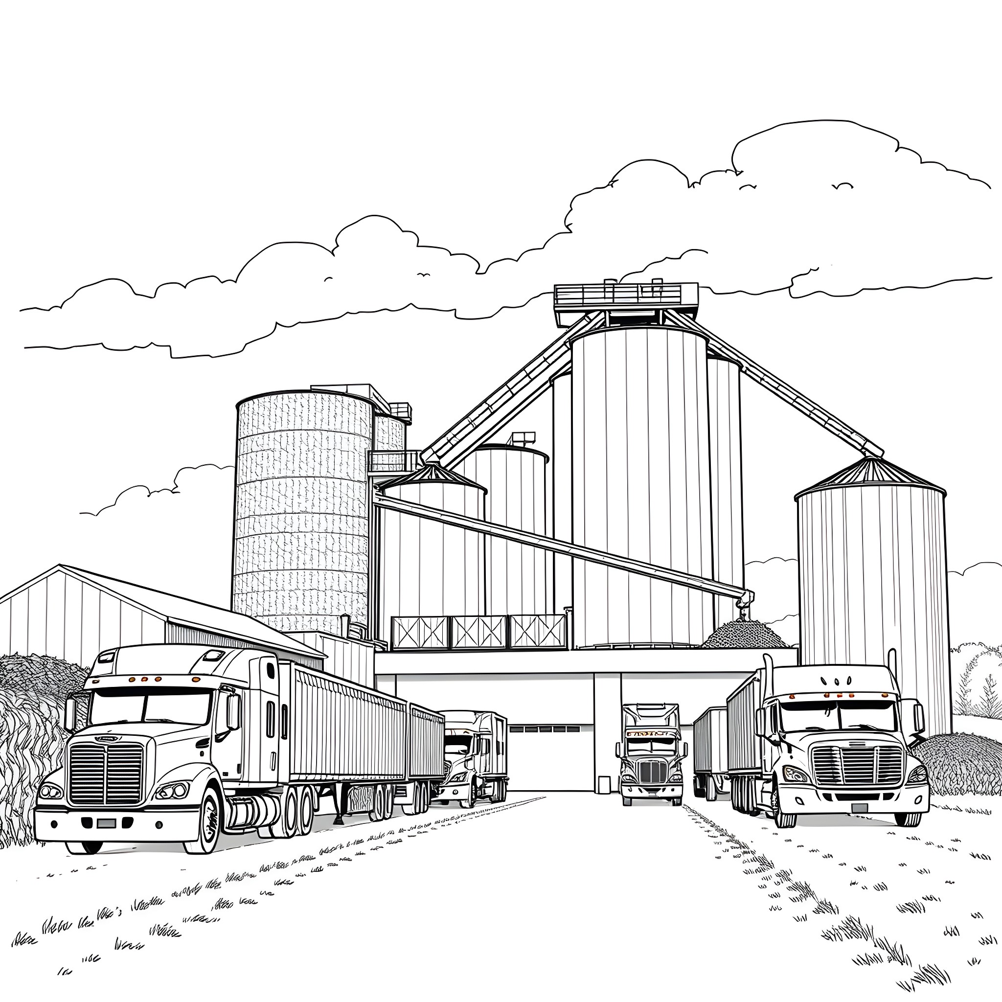 Grain Dump with Trucking Activity in Rural Setting Coloring Page (free black-and-white line drawing printable PDF for all, from beginners to advanced learners, including children, teens, adults, and seniors)