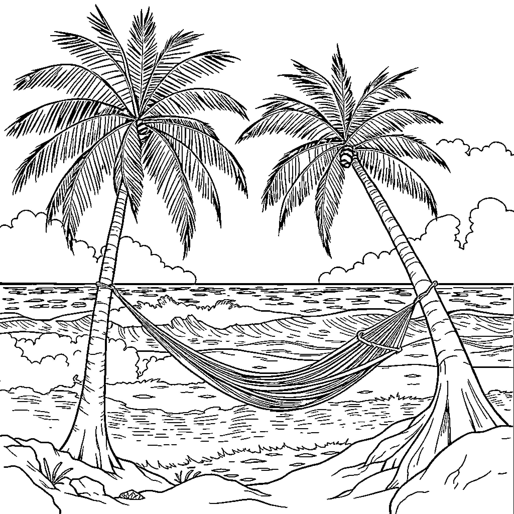 Wave of Serene Tropical Beach Escape Coloring Page (free black-and-white line drawing printable PDF for all, from beginners to advanced learners, including children, teens, adults, and seniors)