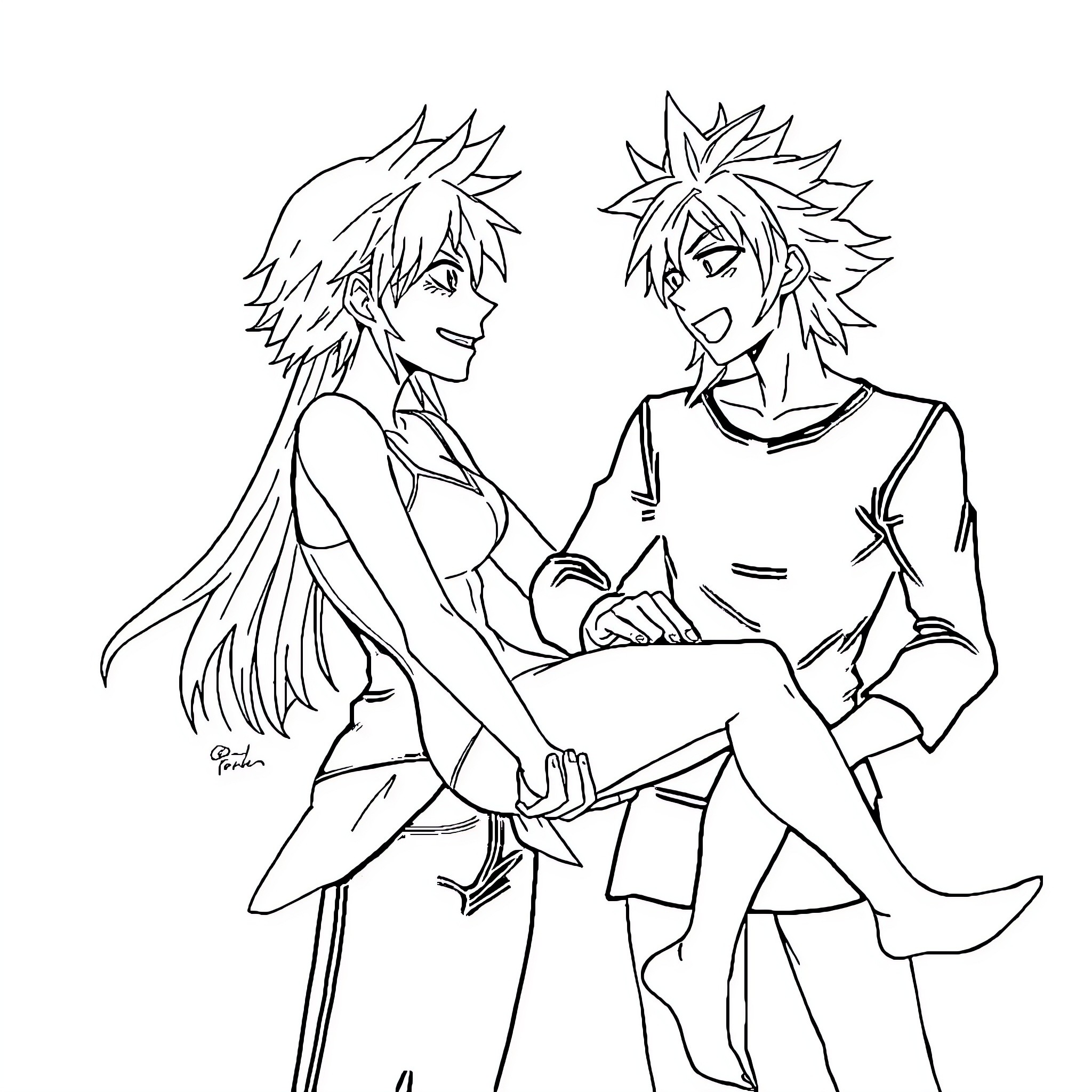Natsu characters in animated style engaging Coloring Page (free black-and-white line drawing printable PDF for all, from beginners to advanced learners, including children, teens, adults, and seniors)