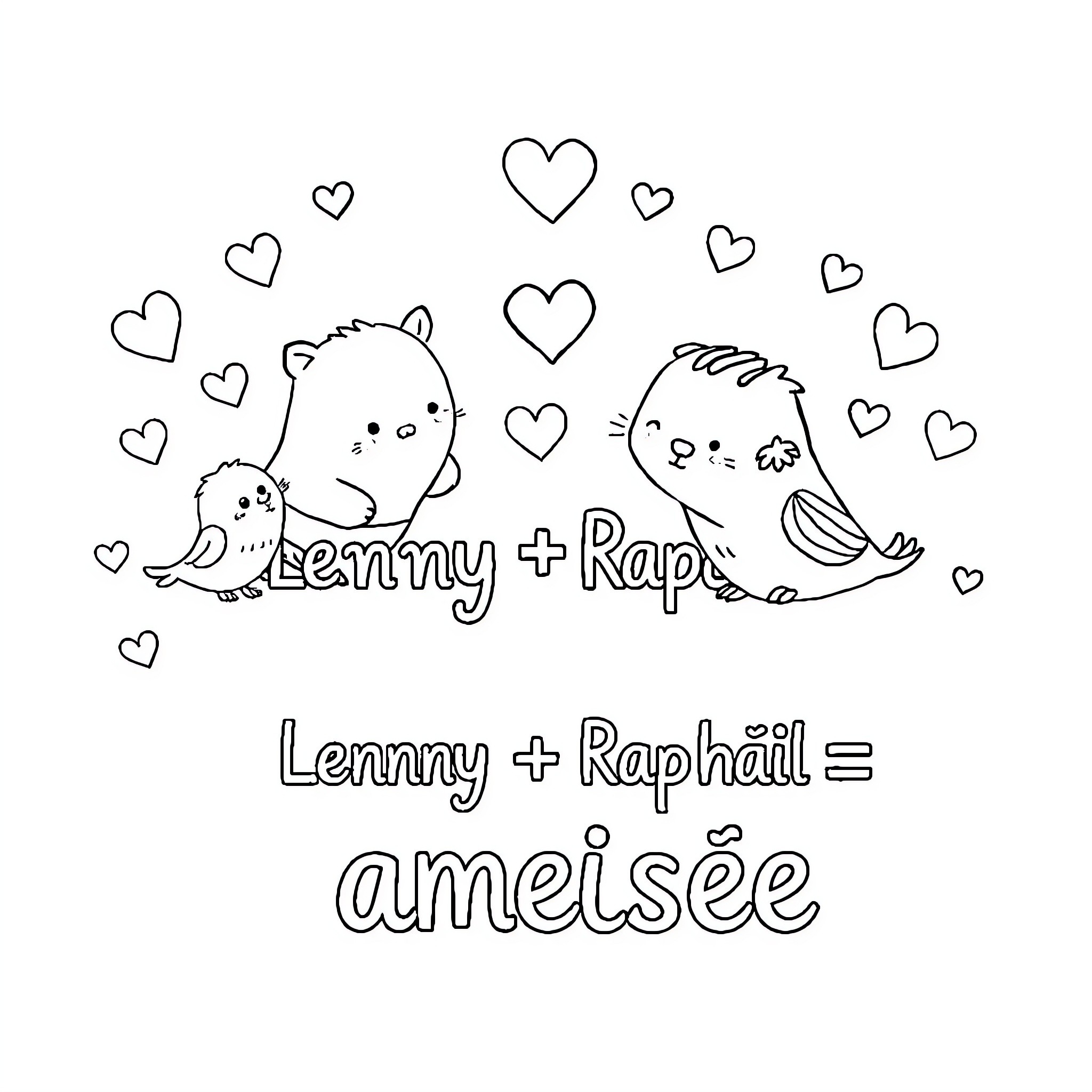 Stamp Cute Animal Couple in Love Coloring Page (free black-and-white line drawing printable PDF for all, from beginners to advanced learners, including children, teens, adults, and seniors)