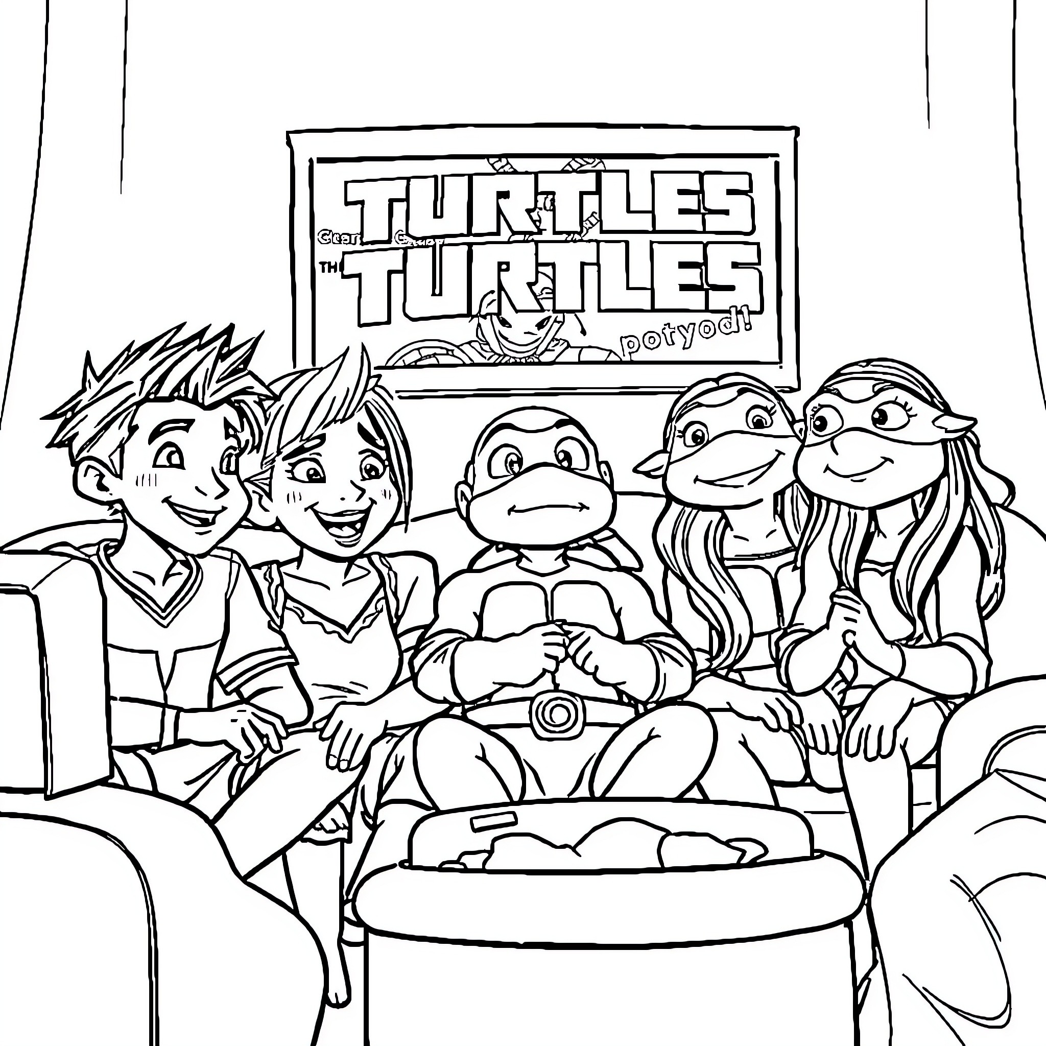 Descendants of Teenage Mutant Ninja Turtles enjoy movie night Coloring Page (free black-and-white line drawing printable PDF for all, from beginners to advanced learners, including children, teens, adults, and seniors)