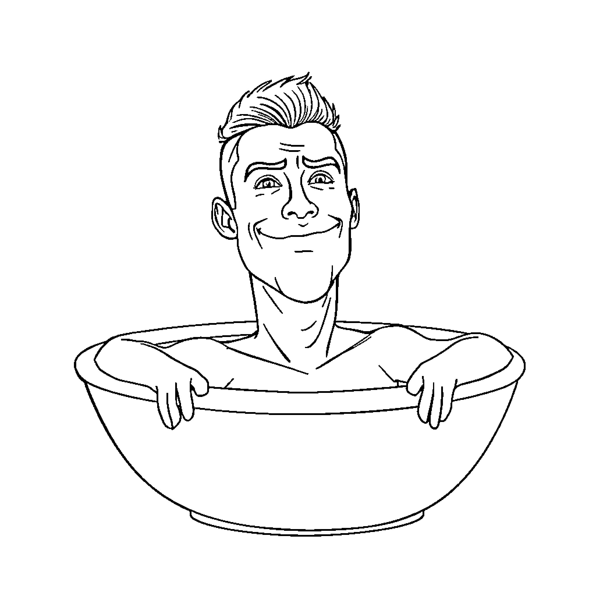 Ronaldo relaxing in a bathtub with a smile Coloring Page (free black-and-white line drawing printable PDF for all, from beginners to advanced learners, including children, teens, adults, and seniors)