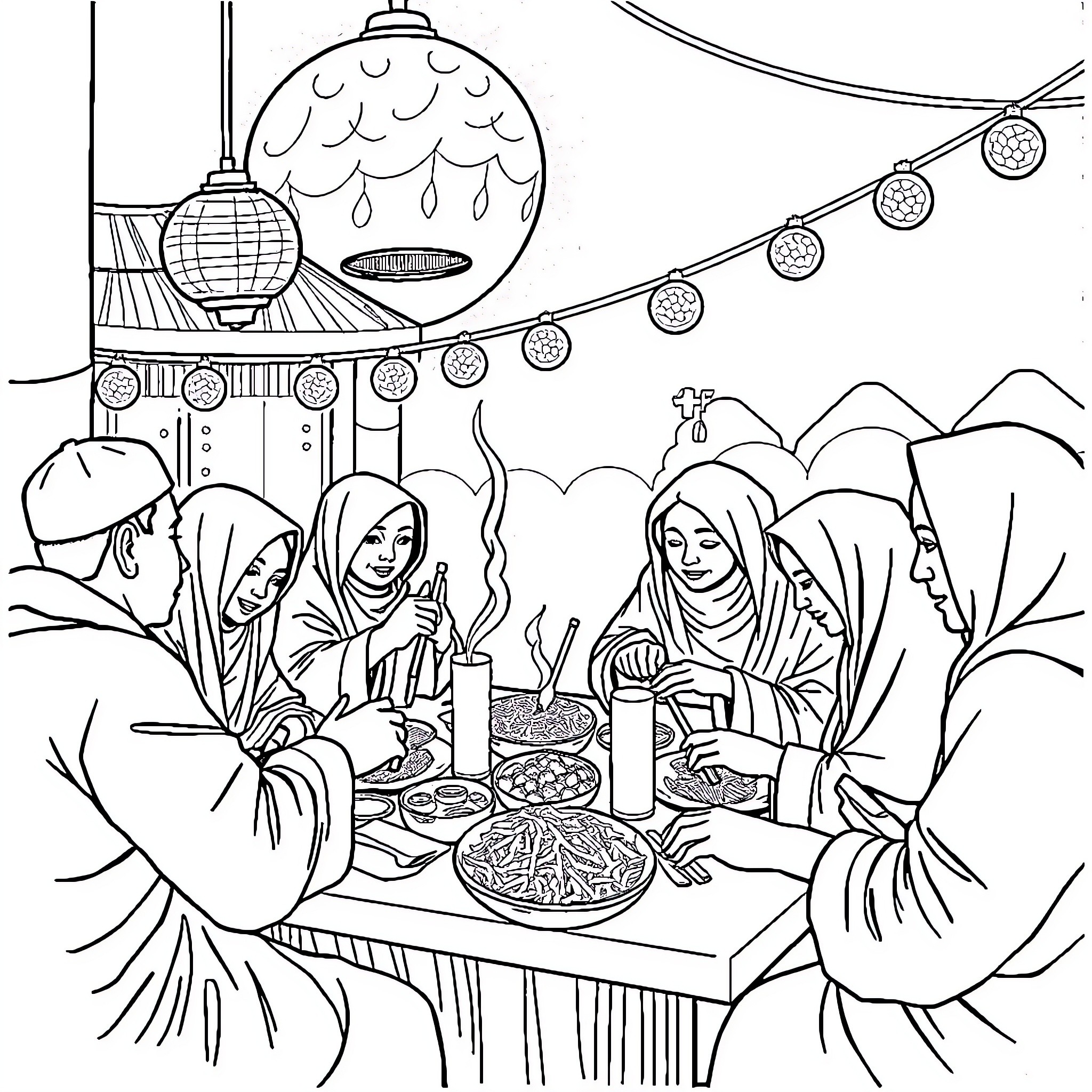 Tung Tung Gathering for Celebration under Starry Lanterns Coloring Page (free black-and-white line drawing printable PDF for all, from beginners to advanced learners, including children, teens, adults, and seniors)