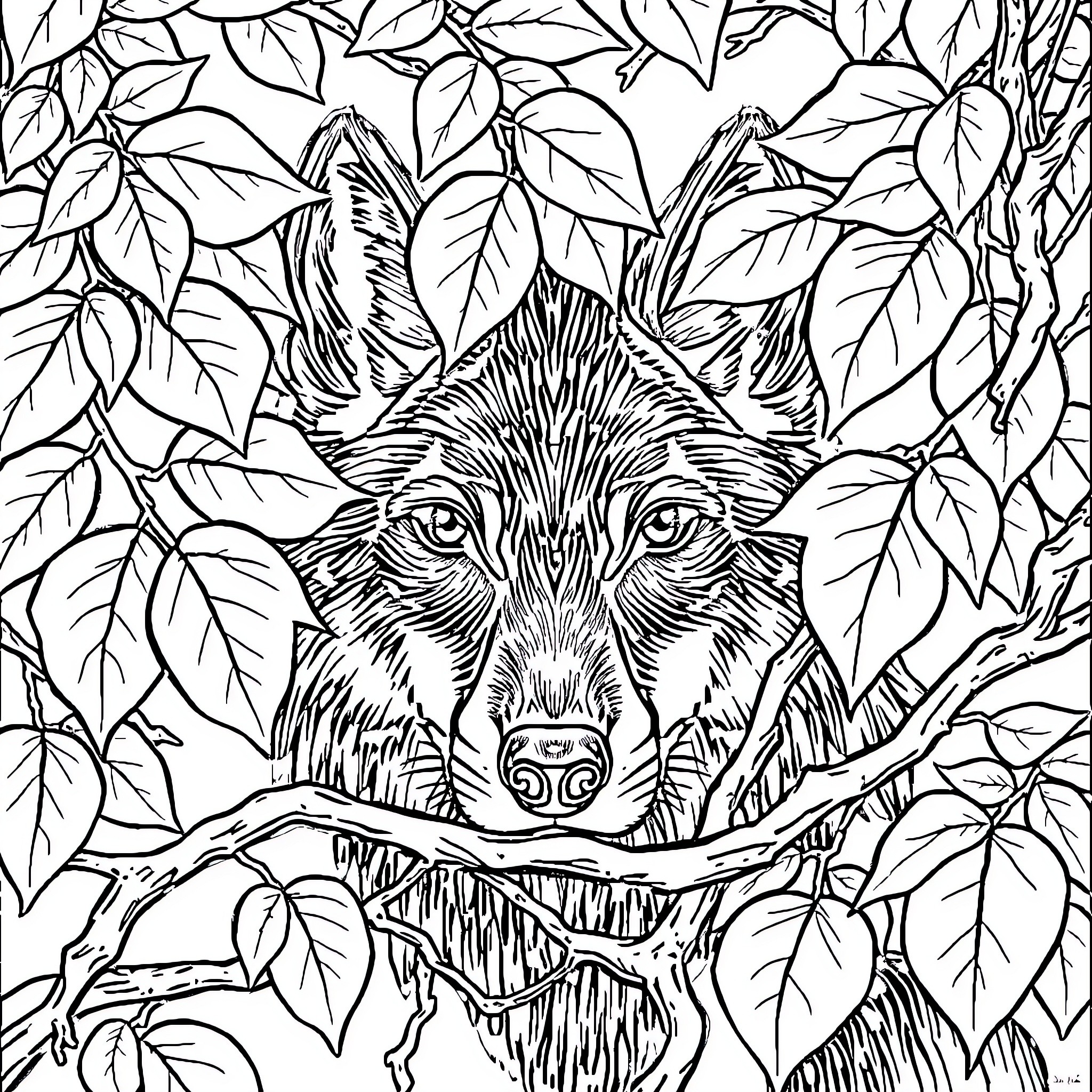 Wolf hidden among the leaves Coloring Page (free black-and-white line drawing printable PDF for all, from beginners to advanced learners, including children, teens, adults, and seniors)