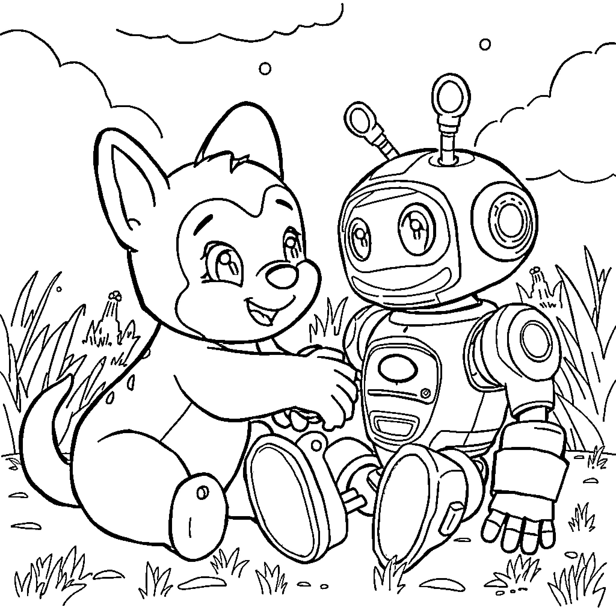 Bluey and robot friend explore the outdoors Coloring Page (free black-and-white line drawing printable PDF for all, from beginners to advanced learners, including children, teens, adults, and seniors)