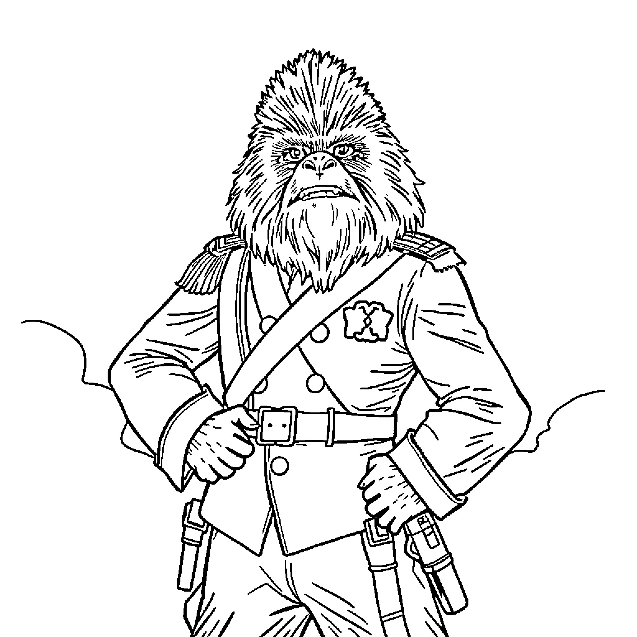 Chewbacca in action-ready military attire Coloring Page (free black-and-white line drawing printable PDF for all, from beginners to advanced learners, including children, teens, adults, and seniors)