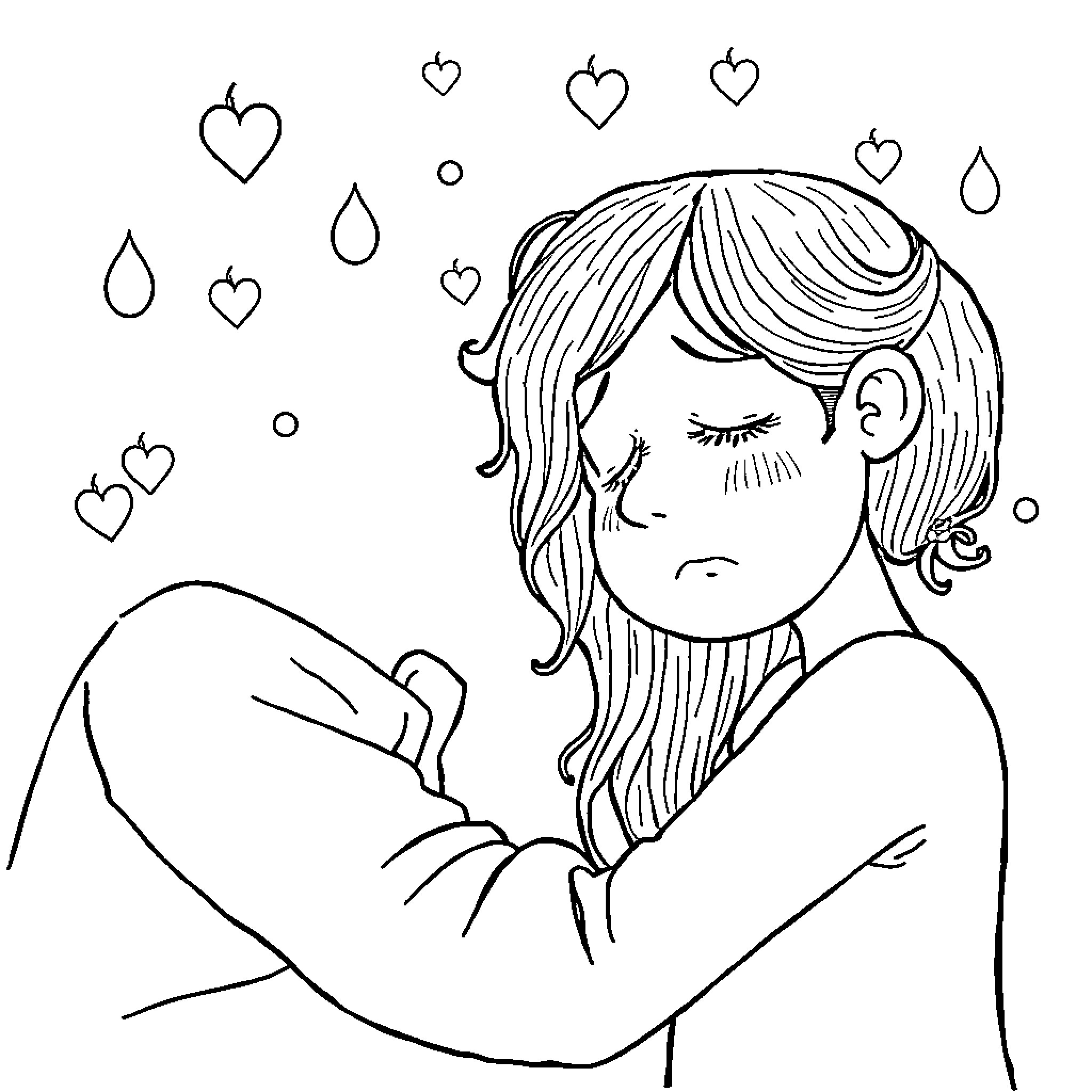 Semaforo: Dreaming Girl Surrounded by Hearts Coloring Page (free black-and-white line drawing printable PDF for all, from beginners to advanced learners, including children, teens, adults, and seniors)