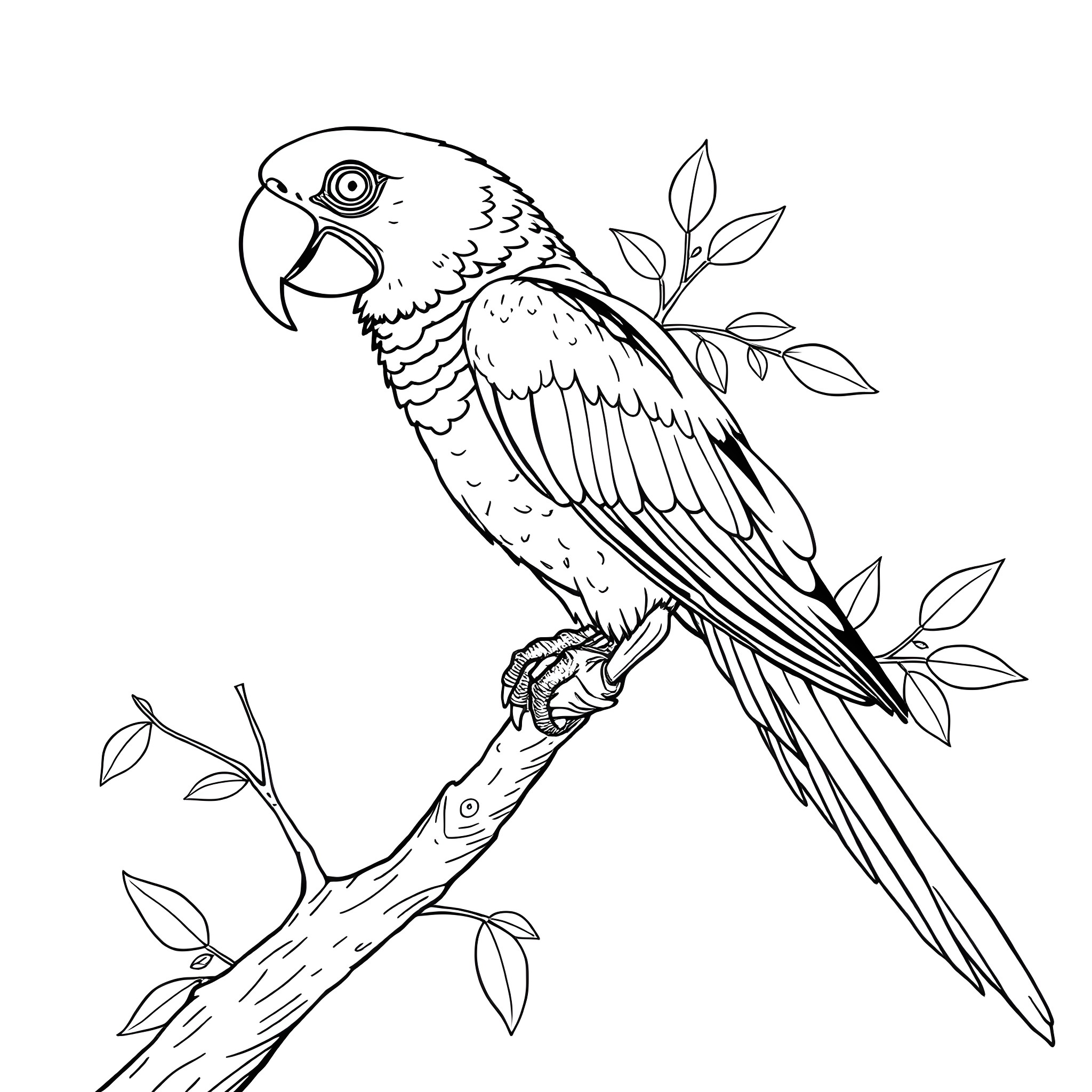 Parrot perched on a branch with leaves Coloring Page (free black-and-white line drawing printable PDF for all, from beginners to advanced learners, including children, teens, adults, and seniors)