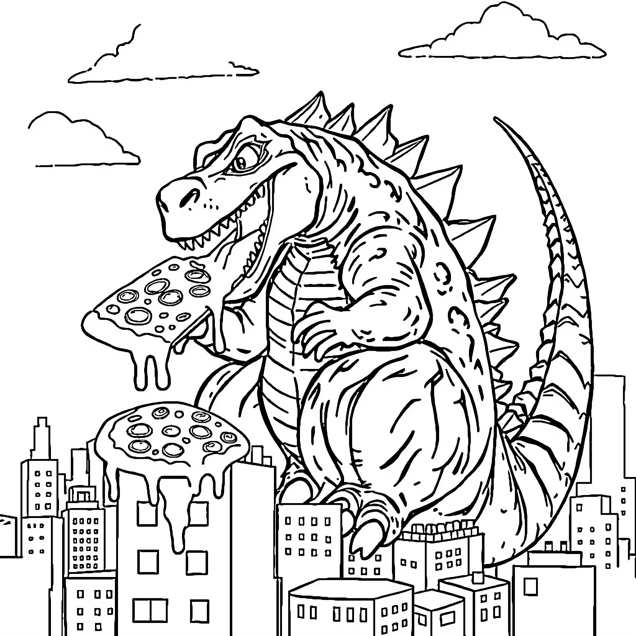 Godzilla stomping through a city while eating pizza Coloring Page (free black-and-white line drawing printable PDF for all, from beginners to advanced learners, including children, teens, adults, and seniors)