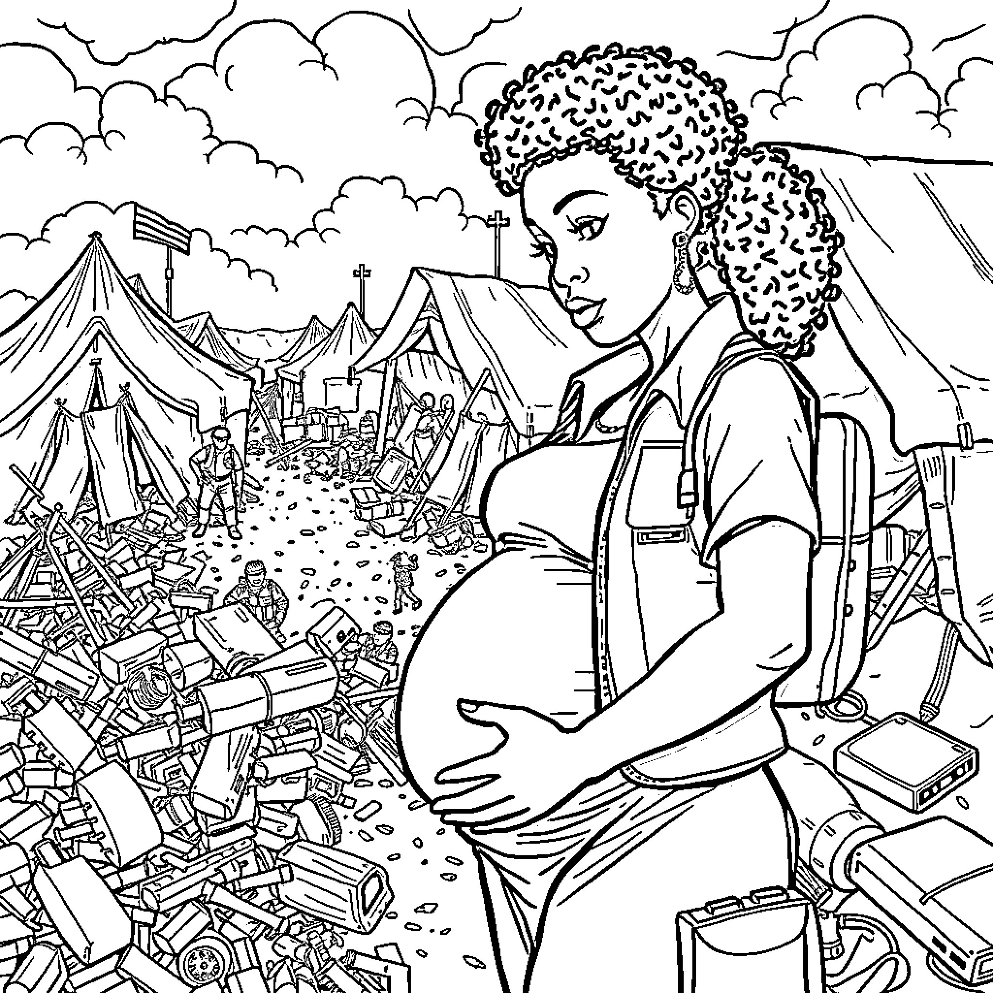 Human Resource Specialist Assisting in Disaster Relief Efforts Coloring Page (free black-and-white line drawing printable PDF for all, from beginners to advanced learners, including children, teens, adults, and seniors)