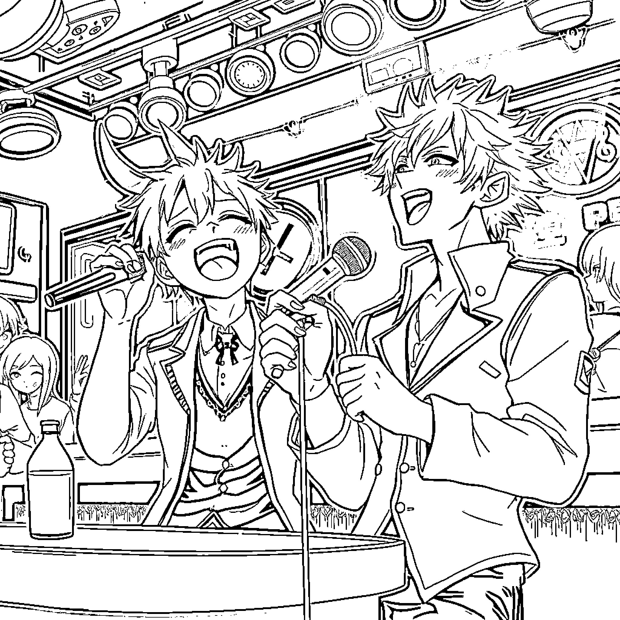 Demon Slayer Characters Performing on Stage Coloring Page (free black-and-white line drawing printable PDF for all, from beginners to advanced learners, including children, teens, adults, and seniors)