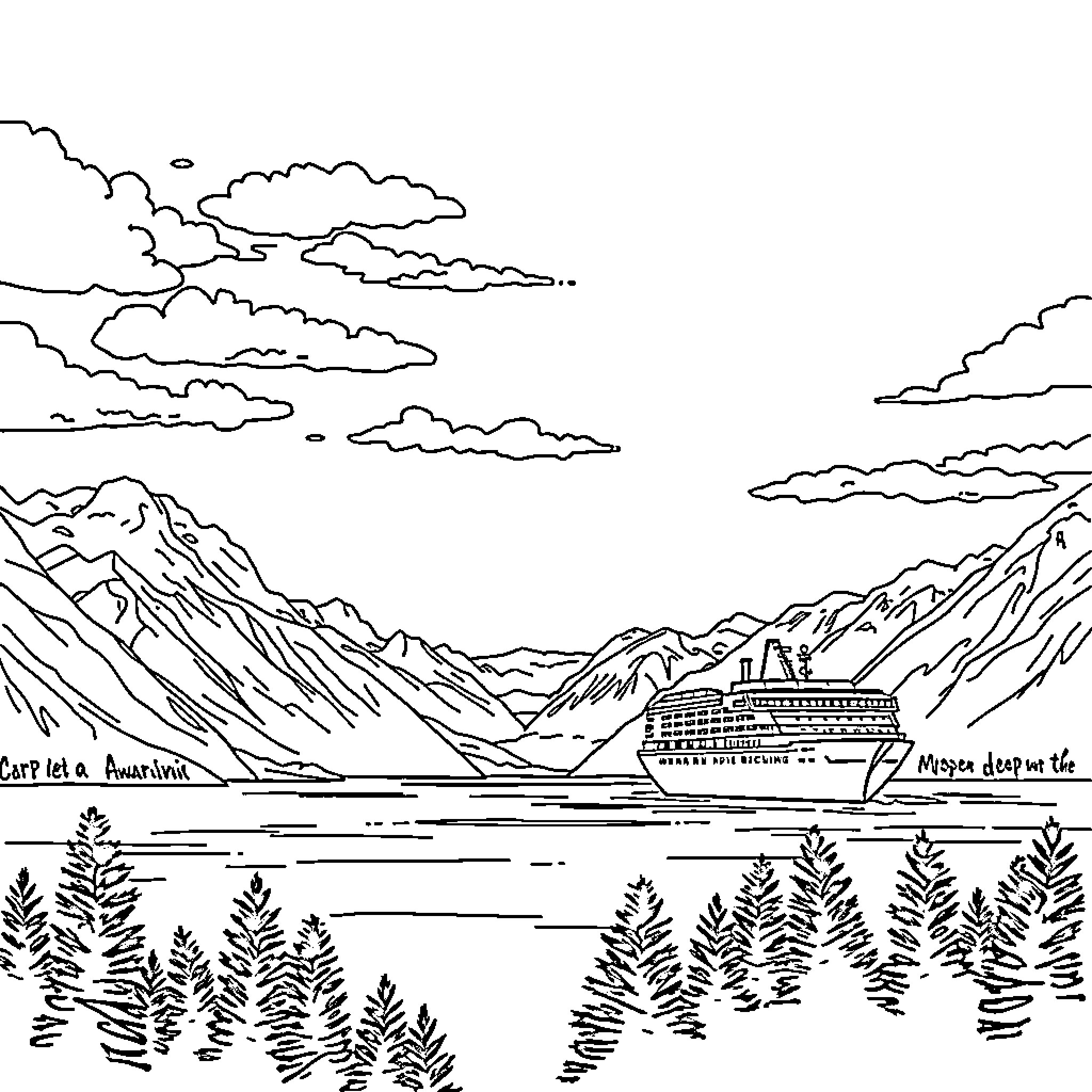 Cruise Line Sailing through Majestic Mountainous Scenery Coloring Page (free black-and-white line drawing printable PDF for all, from beginners to advanced learners, including children, teens, adults, and seniors)