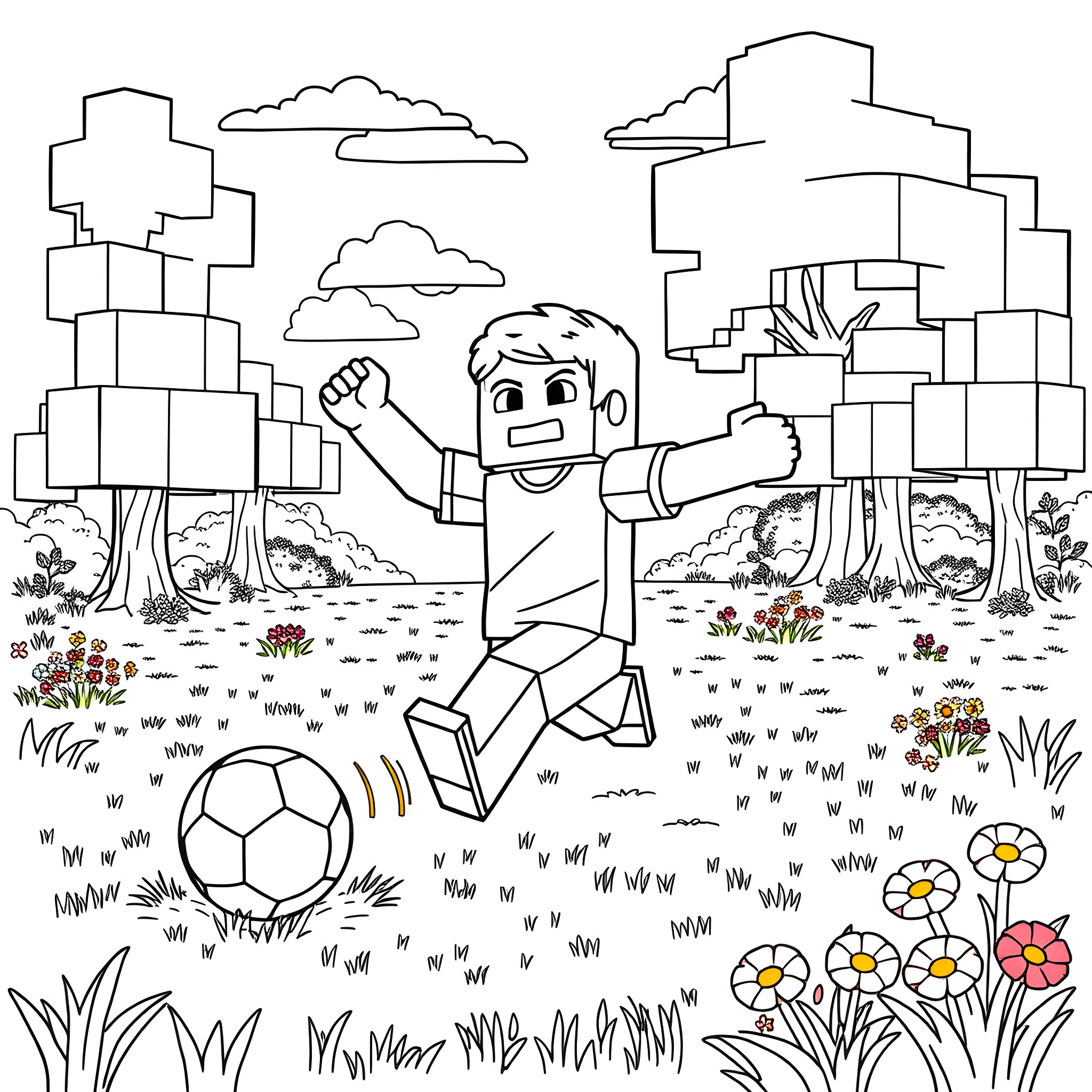 Steve playing joyfully with a soccer ball in the park Coloring Page (free black-and-white line drawing printable PDF for all, from beginners to advanced learners, including children, teens, adults, and seniors)