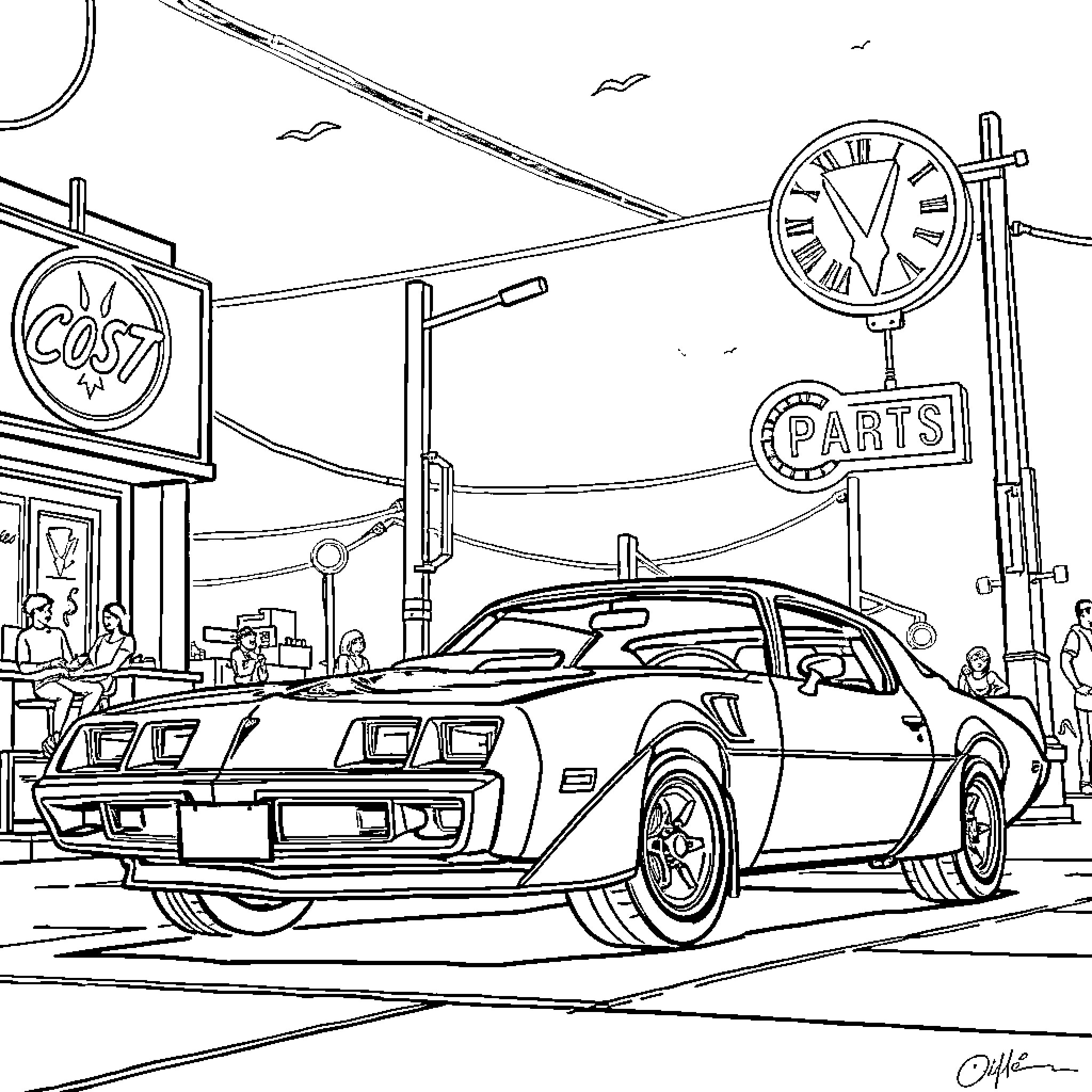 Pontiac sports car in a retro auto shop setting Coloring Page (free black-and-white line drawing printable PDF for all, from beginners to advanced learners, including children, teens, adults, and seniors)