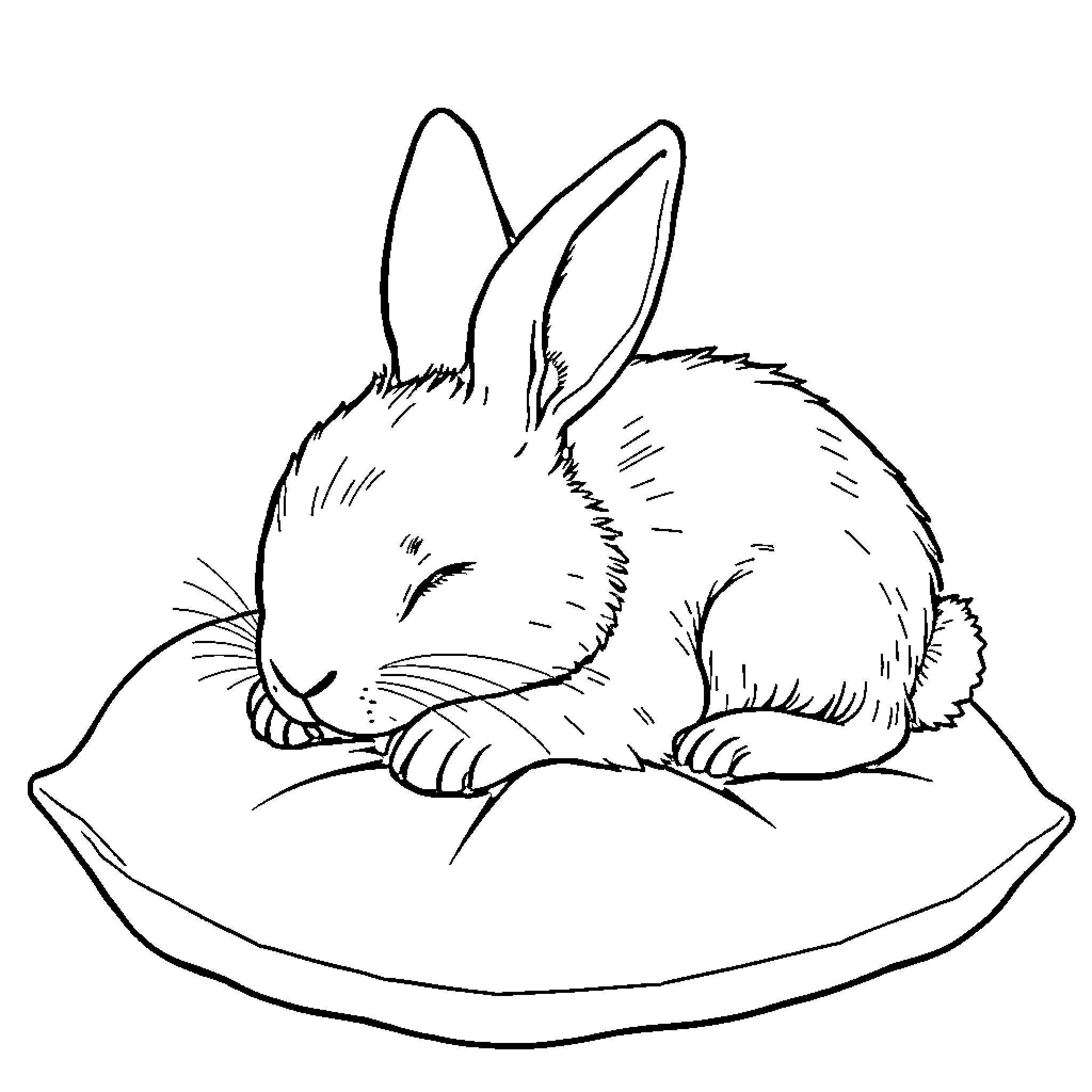 Tuzki resting peacefully on a cushion Coloring Page (free black-and-white line drawing printable PDF for all, from beginners to advanced learners, including children, teens, adults, and seniors)