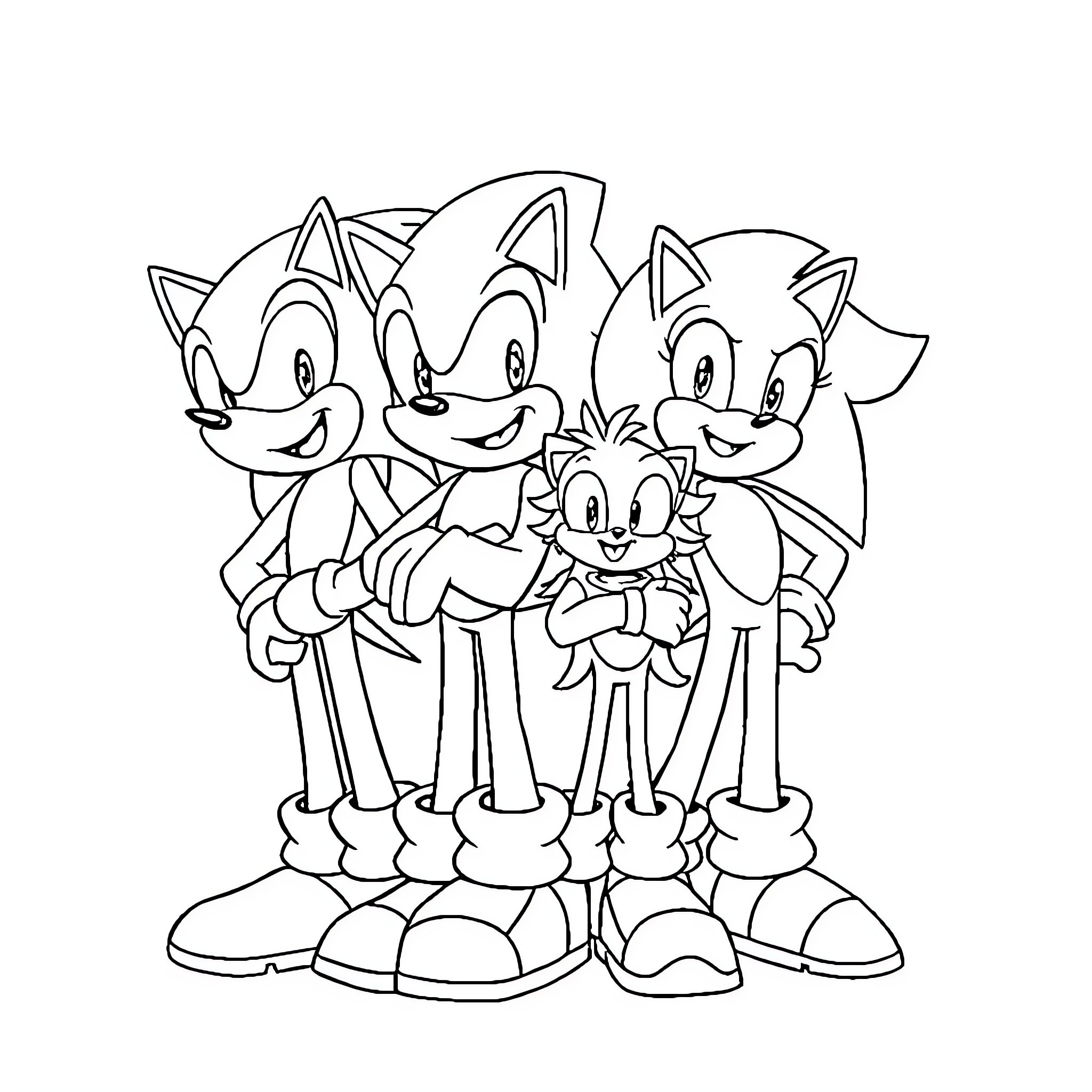 Sonic and friends posing together happily Coloring Page (free black-and-white line drawing printable PDF for all, from beginners to advanced learners, including children, teens, adults, and seniors)