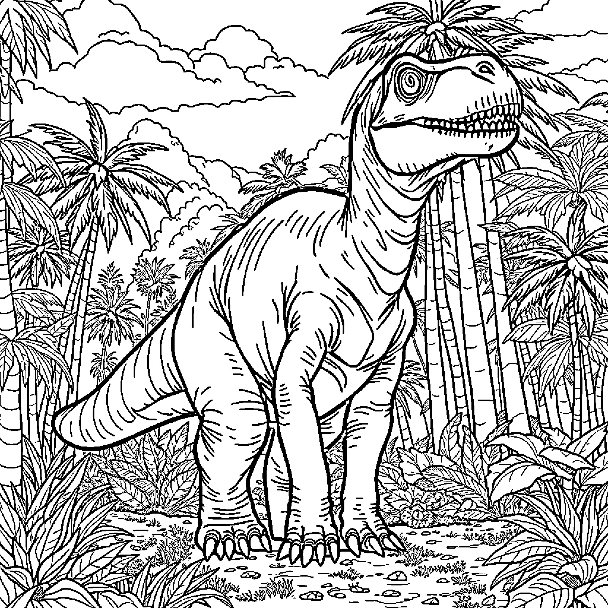 Dinosaur exploring the prehistoric jungle landscape Coloring Page (free black-and-white line drawing printable PDF for all, from beginners to advanced learners, including children, teens, adults, and seniors)
