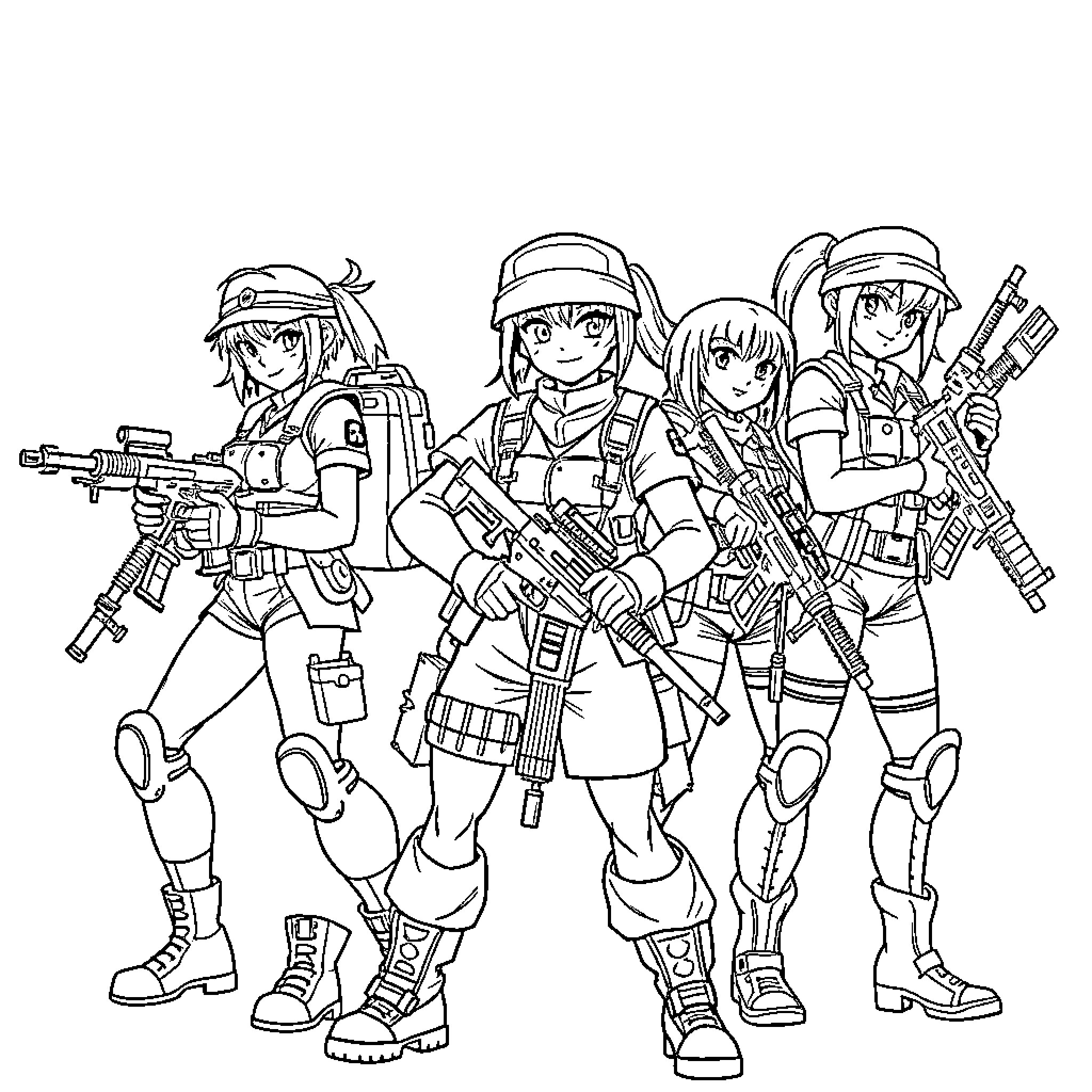 Metal Slug Girls in Action Poses with Weapons Coloring Page (free black-and-white line drawing printable PDF for all, from beginners to advanced learners, including children, teens, adults, and seniors)