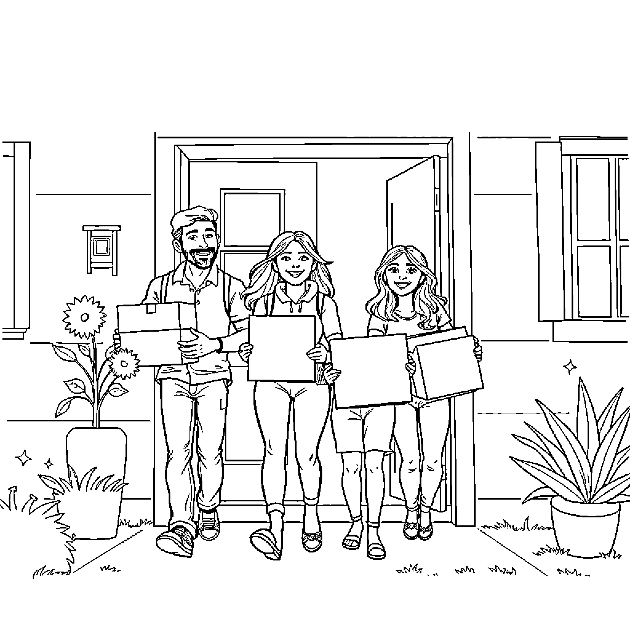 Family protesting for a cause outdoors Coloring Page (free black-and-white line drawing printable PDF for all, from beginners to advanced learners, including children, teens, adults, and seniors)