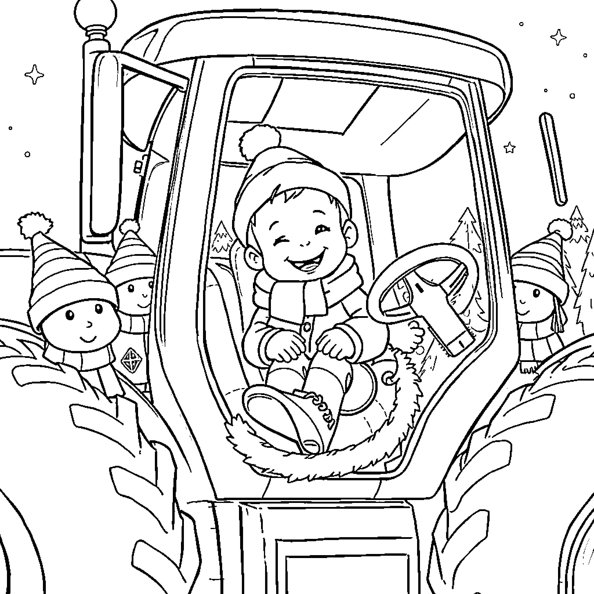 Boy riding tractor with animal friends in winter wonderland Coloring Page (free black-and-white line drawing printable PDF for all, from beginners to advanced learners, including children, teens, adults, and seniors)
