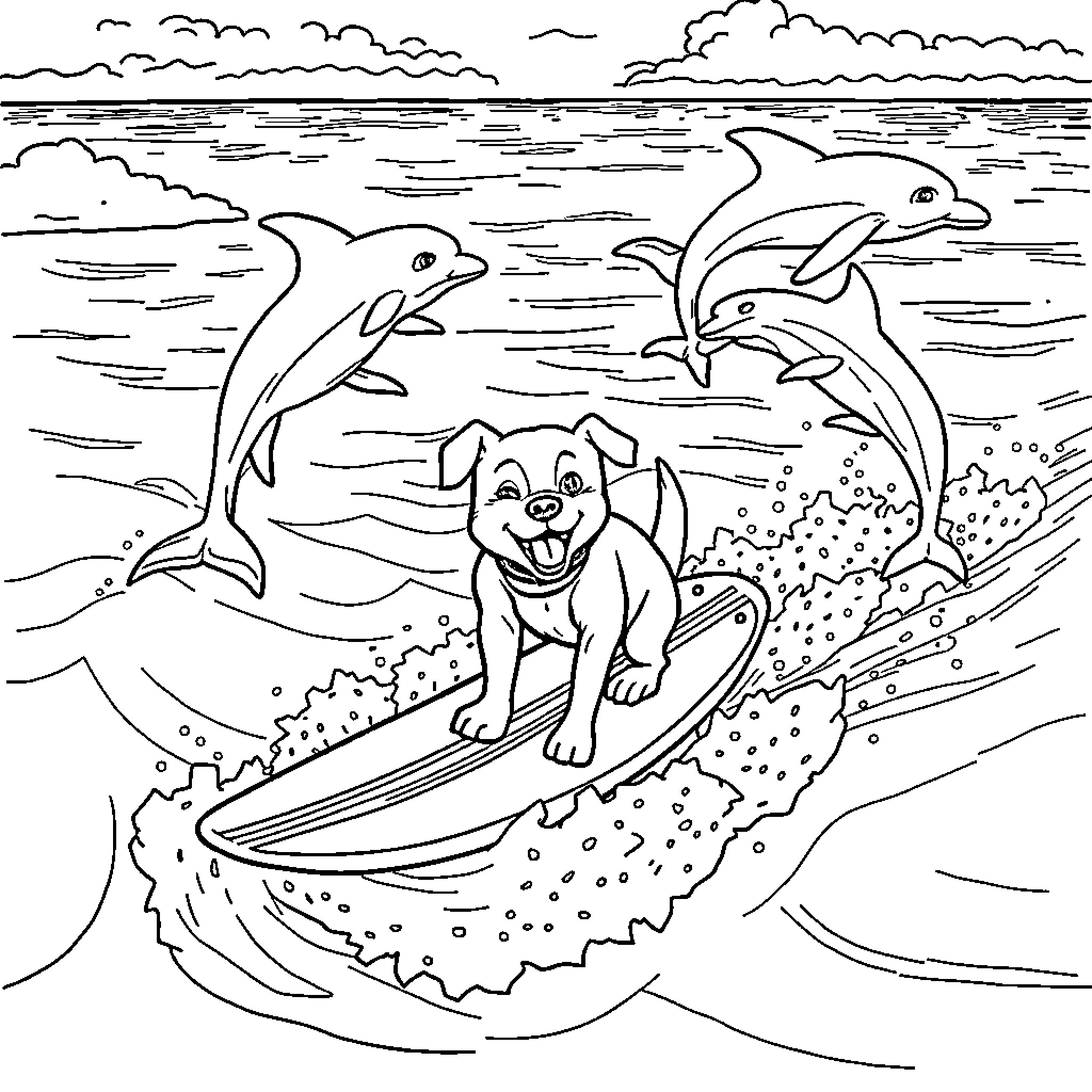 Dog surfing with dolphins in the ocean Coloring Page (free black-and-white line drawing printable PDF for all, from beginners to advanced learners, including children, teens, adults, and seniors)