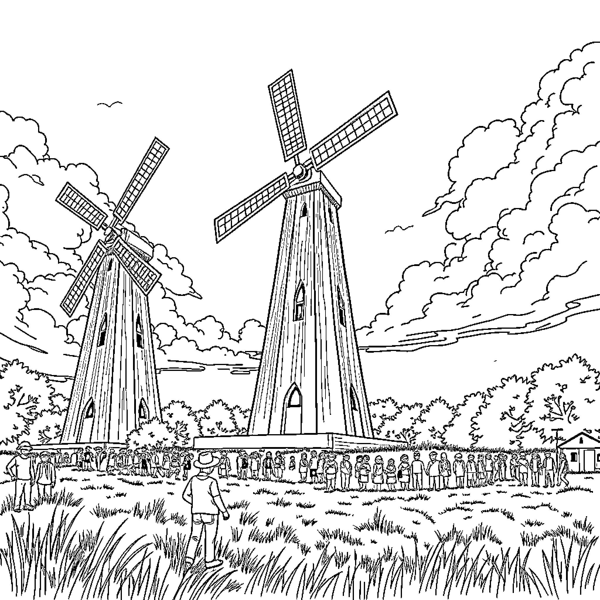 PC Tower with Windmills Overlooking the Countryside Coloring Page (free black-and-white line drawing printable PDF for all, from beginners to advanced learners, including children, teens, adults, and seniors)