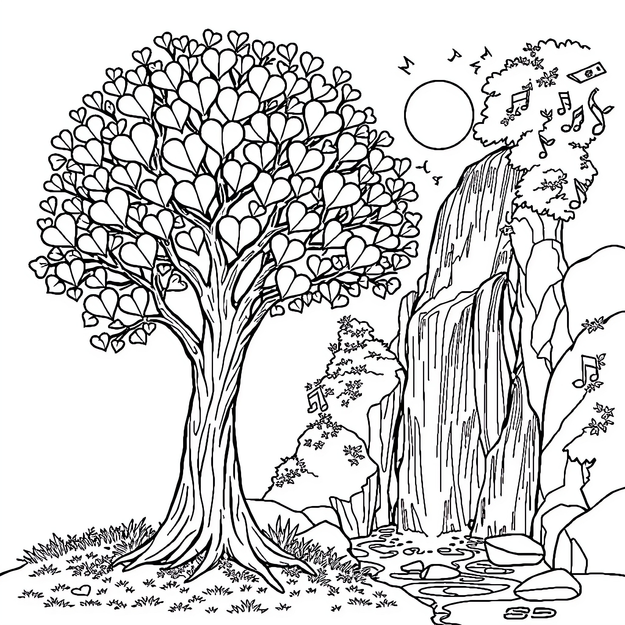 Tree of Hearts in a Serene Landscape Coloring Page (free black-and-white line drawing printable PDF for all, from beginners to advanced learners, including children, teens, adults, and seniors)