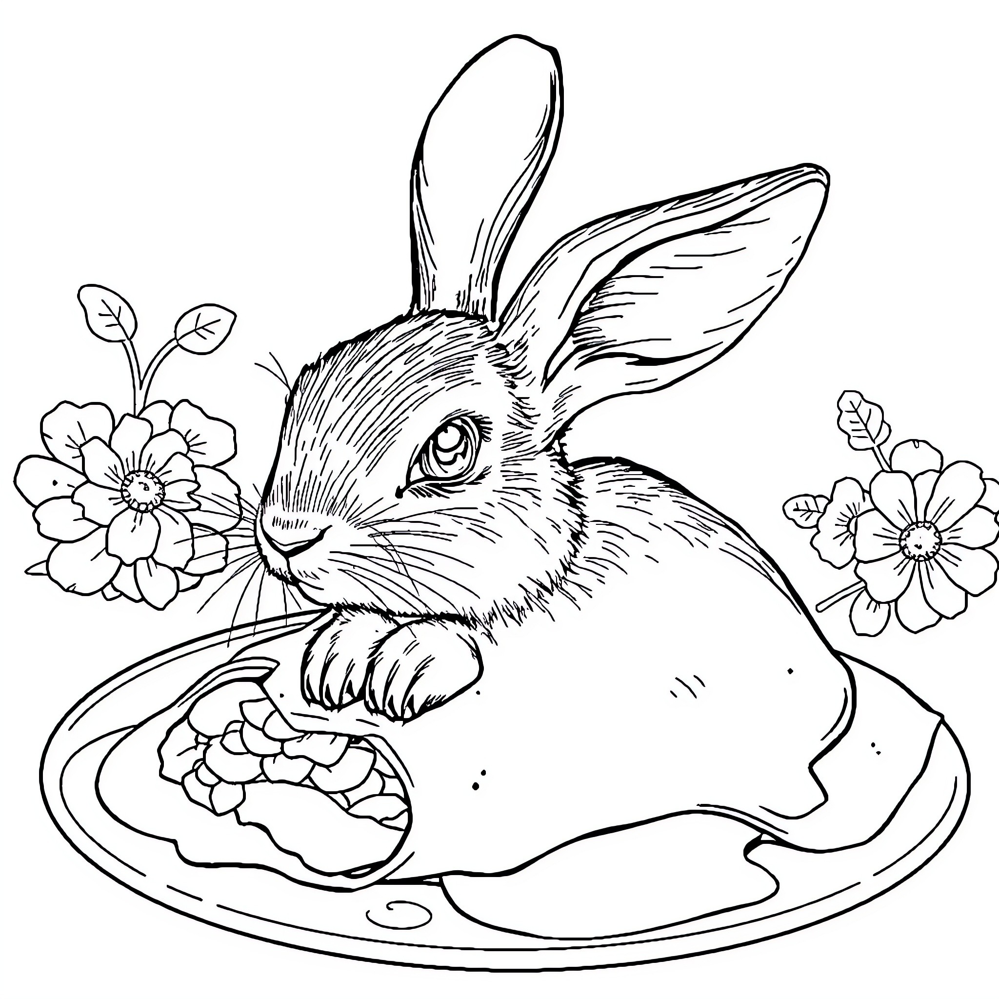 Rabbit admiring floral arrangement on plate Coloring Page (free black-and-white line drawing printable PDF for all, from beginners to advanced learners, including children, teens, adults, and seniors)