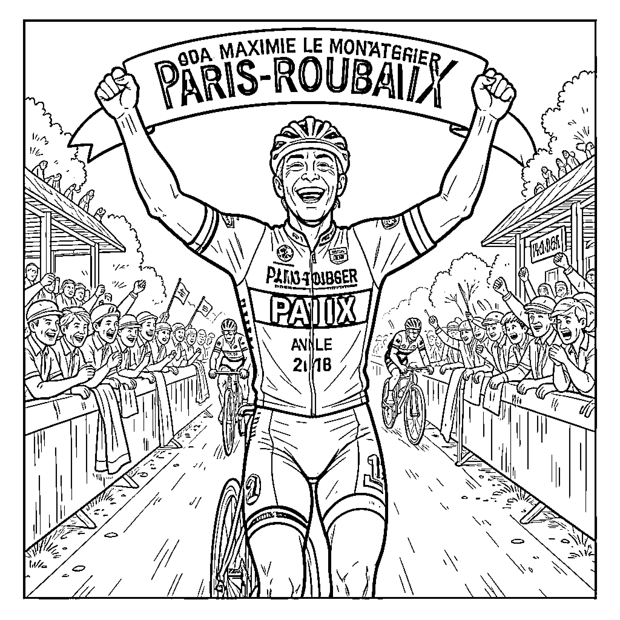 Maxime celebrating a victory while holding a banner Coloring Page (free black-and-white line drawing printable PDF for all, from beginners to advanced learners, including children, teens, adults, and seniors)