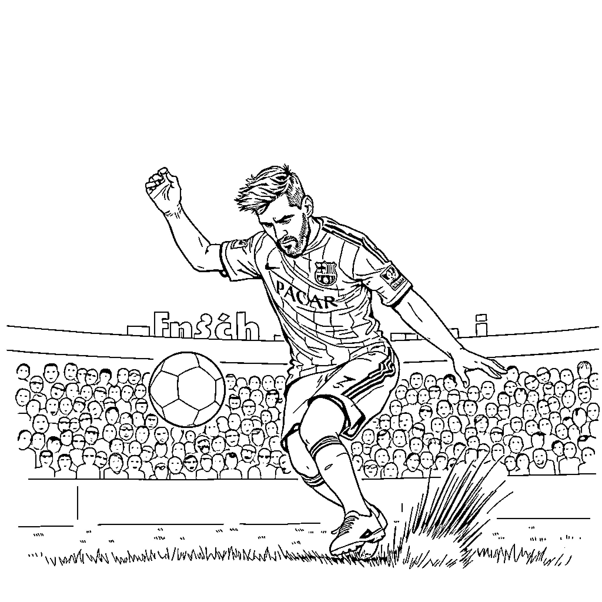 Messi's Triumphant Goal Celebration on the Pitch Coloring Page (free black-and-white line drawing printable PDF for all, from beginners to advanced learners, including children, teens, adults, and seniors)