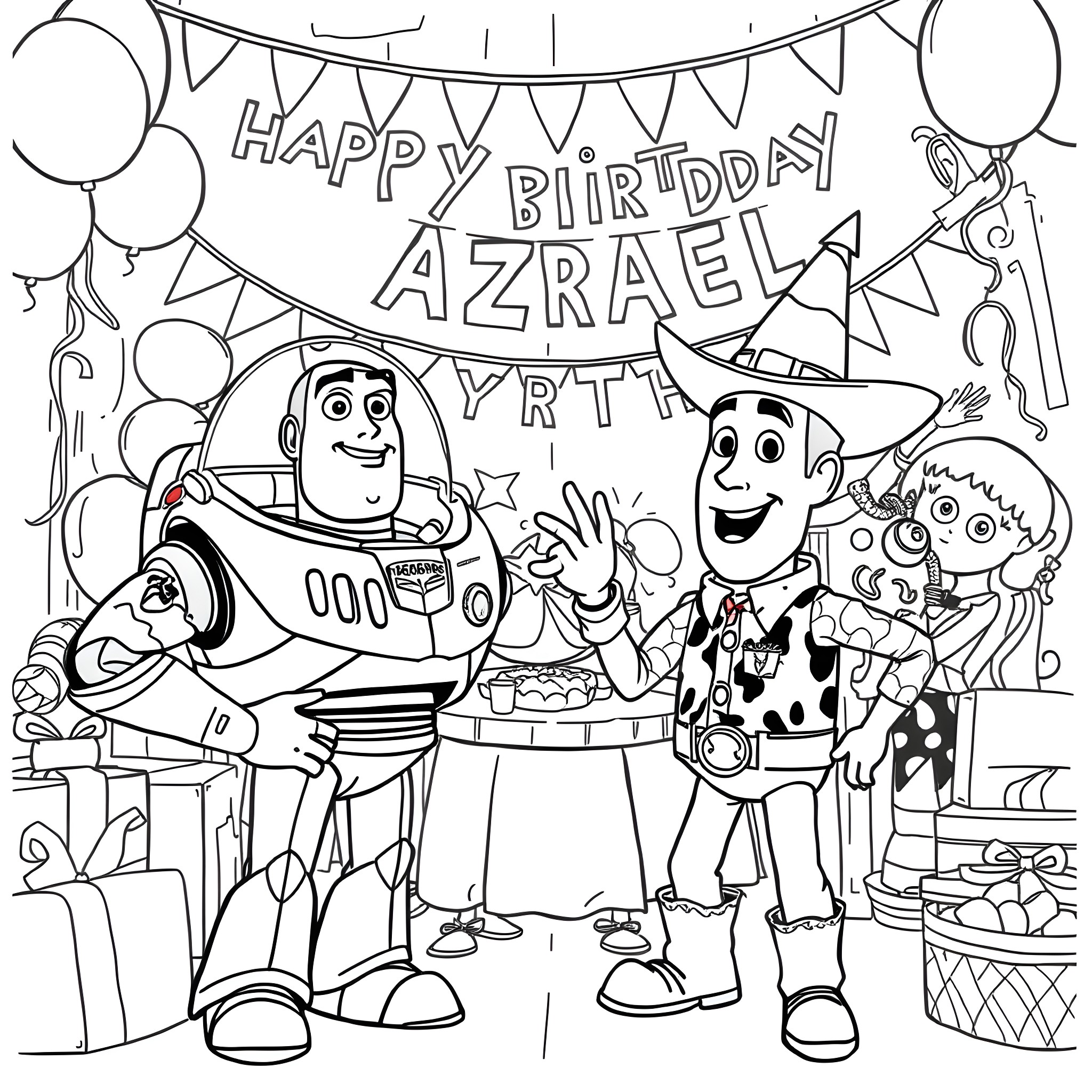 Buzz and Woody celebrate Azrael's birthday with balloons and party decorations Coloring Page (free black-and-white line drawing printable PDF for all, from beginners to advanced learners, including children, teens, adults, and seniors)