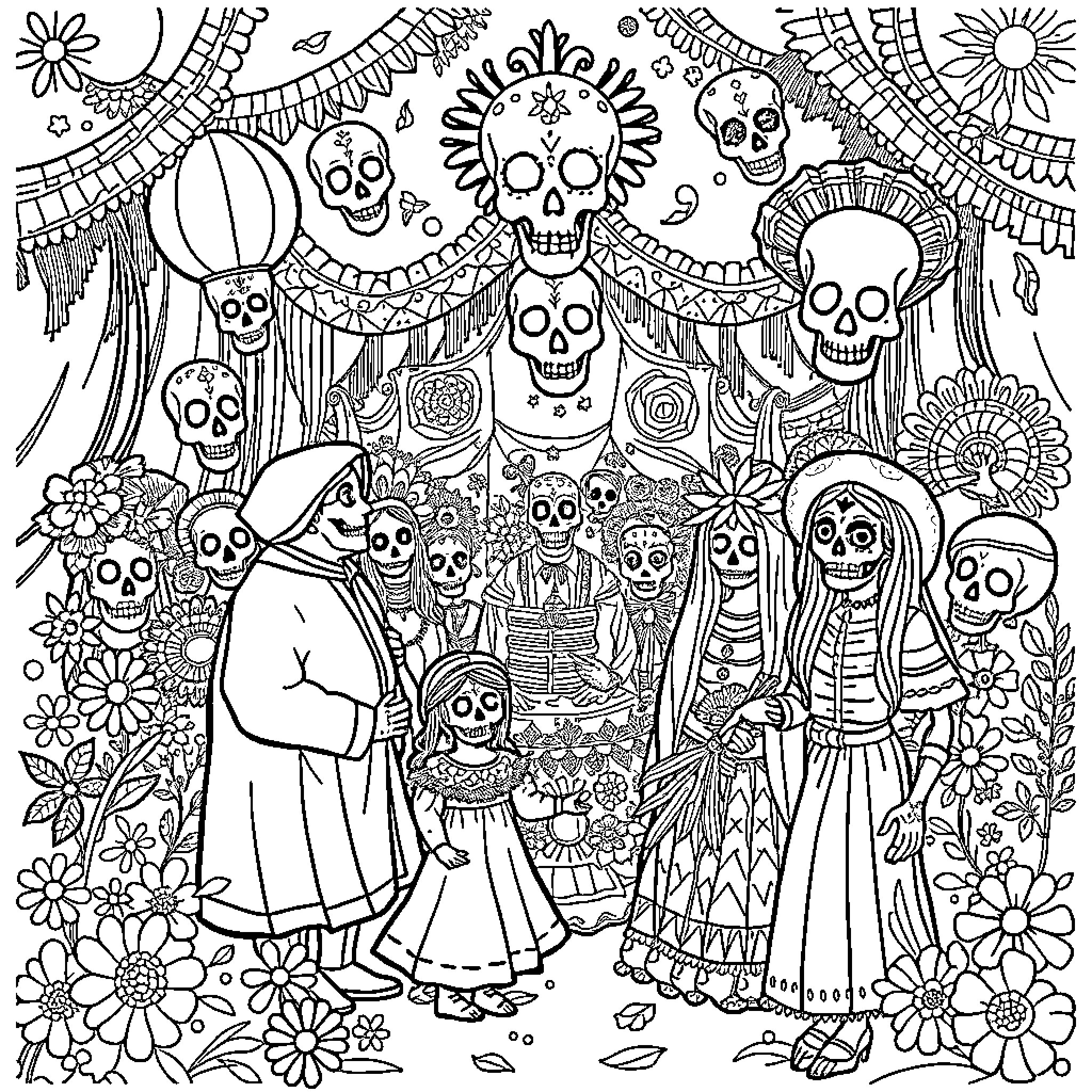 Day of the Dead Celebration with Joyful Skeletons and Revelers Coloring Page (free black-and-white line drawing printable PDF for all, from beginners to advanced learners, including children, teens, adults, and seniors)