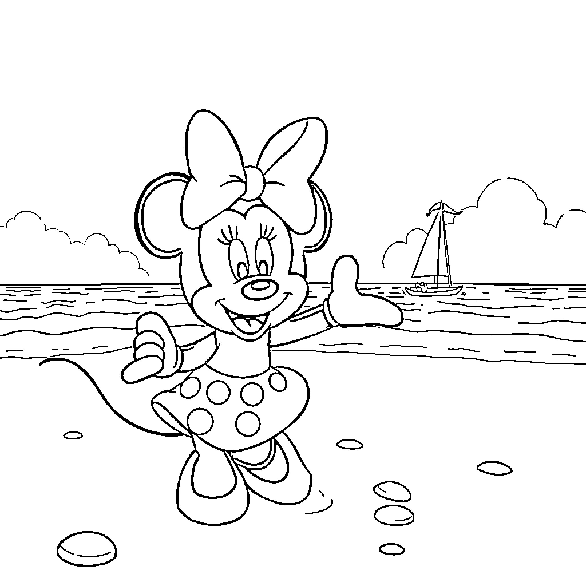 Minnie enjoying a day at the beach Coloring Page (free black-and-white line drawing printable PDF for all, from beginners to advanced learners, including children, teens, adults, and seniors)