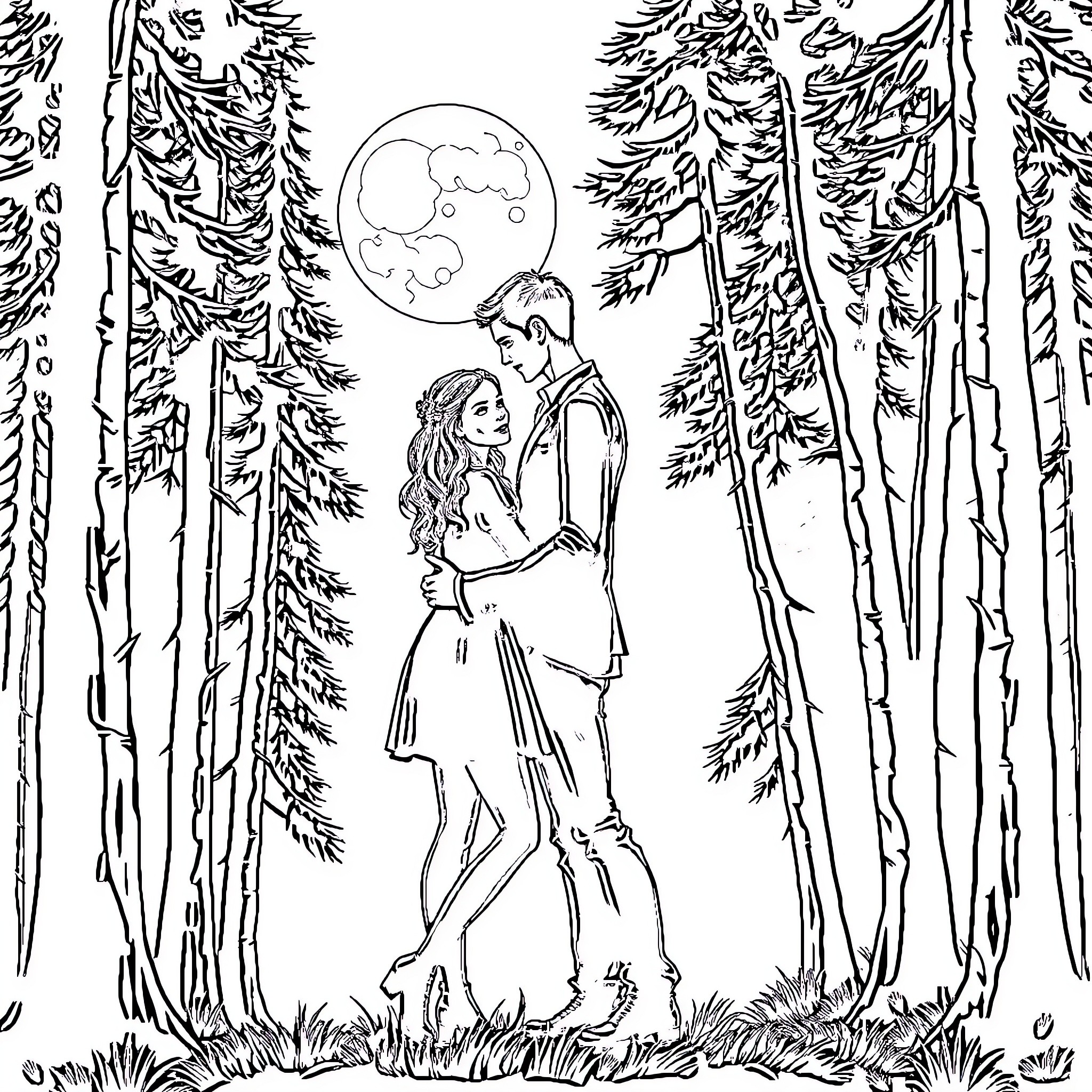 Bella and Edward embracing under the moonlight Coloring Page (free black-and-white line drawing printable PDF for all, from beginners to advanced learners, including children, teens, adults, and seniors)